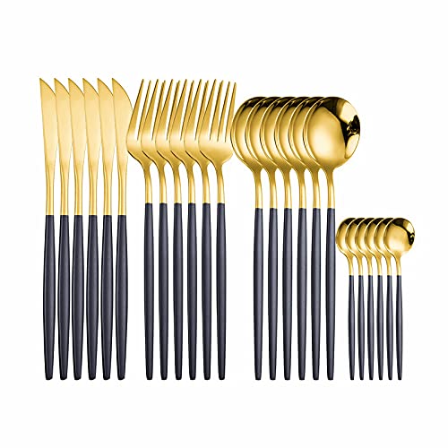 Premium 24-Piece Stainless Steel Silverware Flatware Set - Black Gold Cutlery with Forks, Spoons & Knives | Eco-Friendly Dinnerware for Restaurants, Weddings & Home Dining