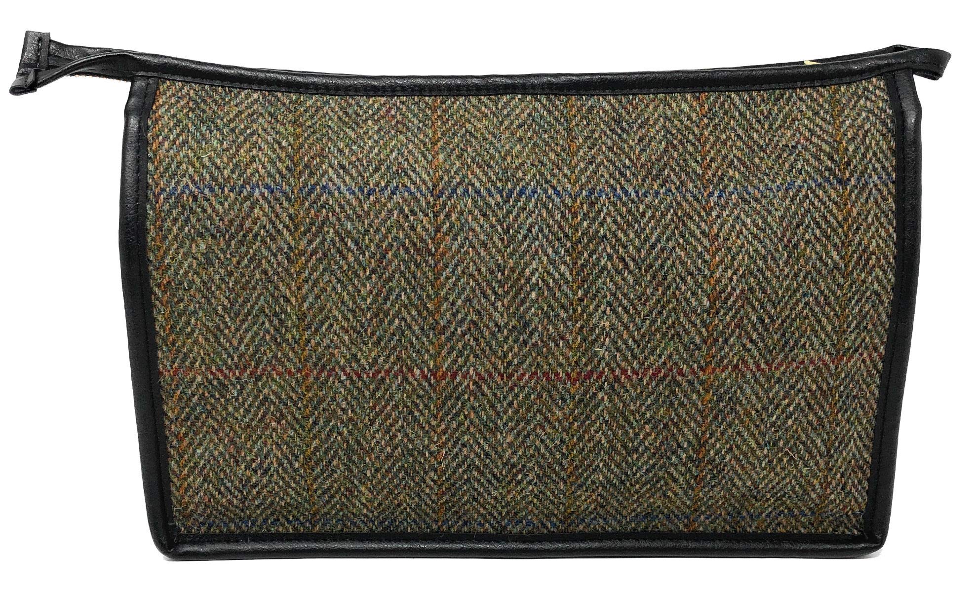 Scott & MacKenzie Harris Tweed Green Herringbone Toiletry Bag for Men & Women - Premium Travel Wash Bag for Toiletries, Cosmetics & Shaving Essentials - Perfect for Vacation, Business Trips & Gym