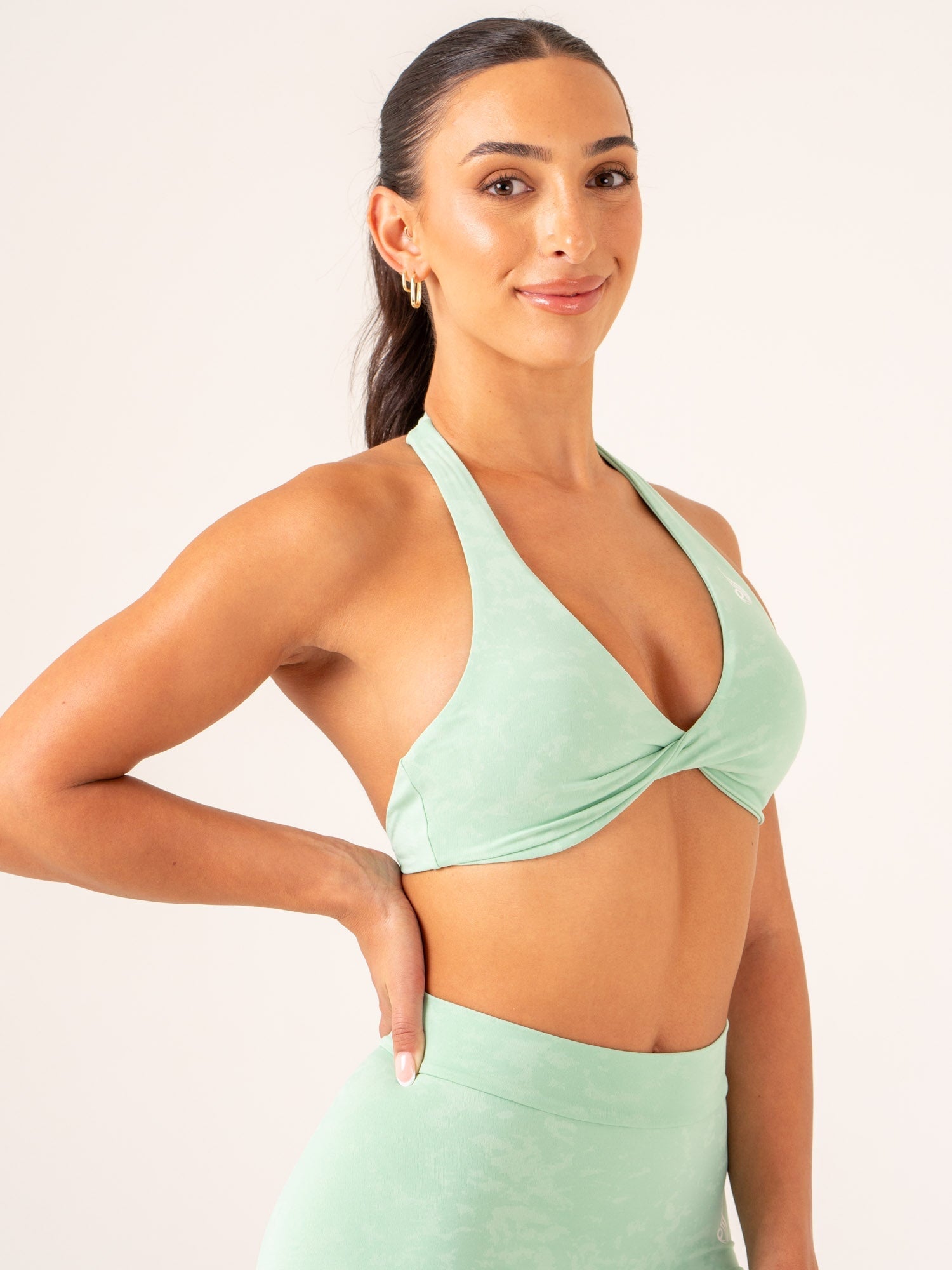 NKD Stonewash Halter Sports Bra - Mint Green Workout Top for Yoga, Running & Gym | Breathable & Supportive Activewear for Women