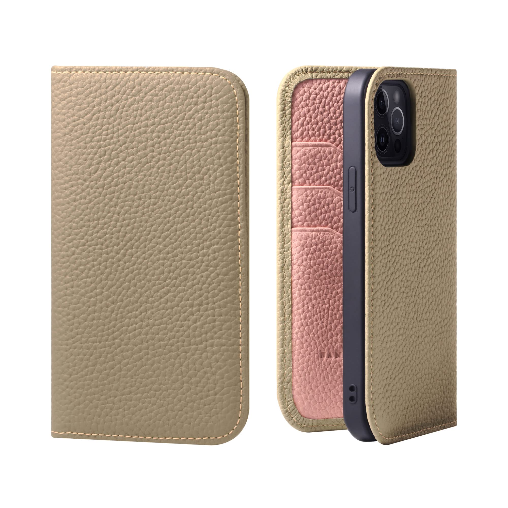 Genuine Calfskin Leather Wallet Case for iPhone 12/12 Pro with Magsafe - Flip Cover with Card Slots & Phone Holder (Greige & Pink) - Perfect for Everyday Use, Travel, and Business Meetings