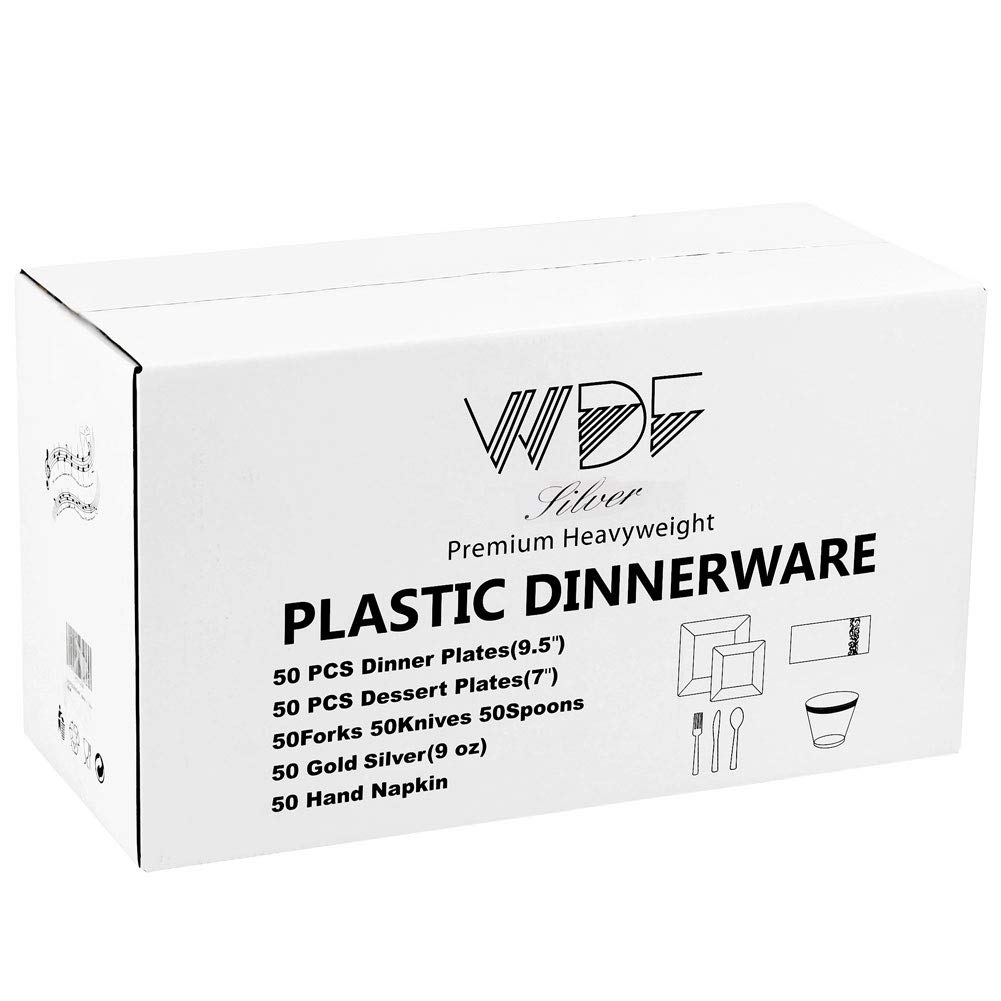 50-Pack Silver Plastic Plates with Disposable Cutlery Set - Square Dinner Plates, Silver Plastic Cups & Utensils for Wedding, Party, Banquet & Catering Events - Elegant Disposable Tableware for Easy Cleanup