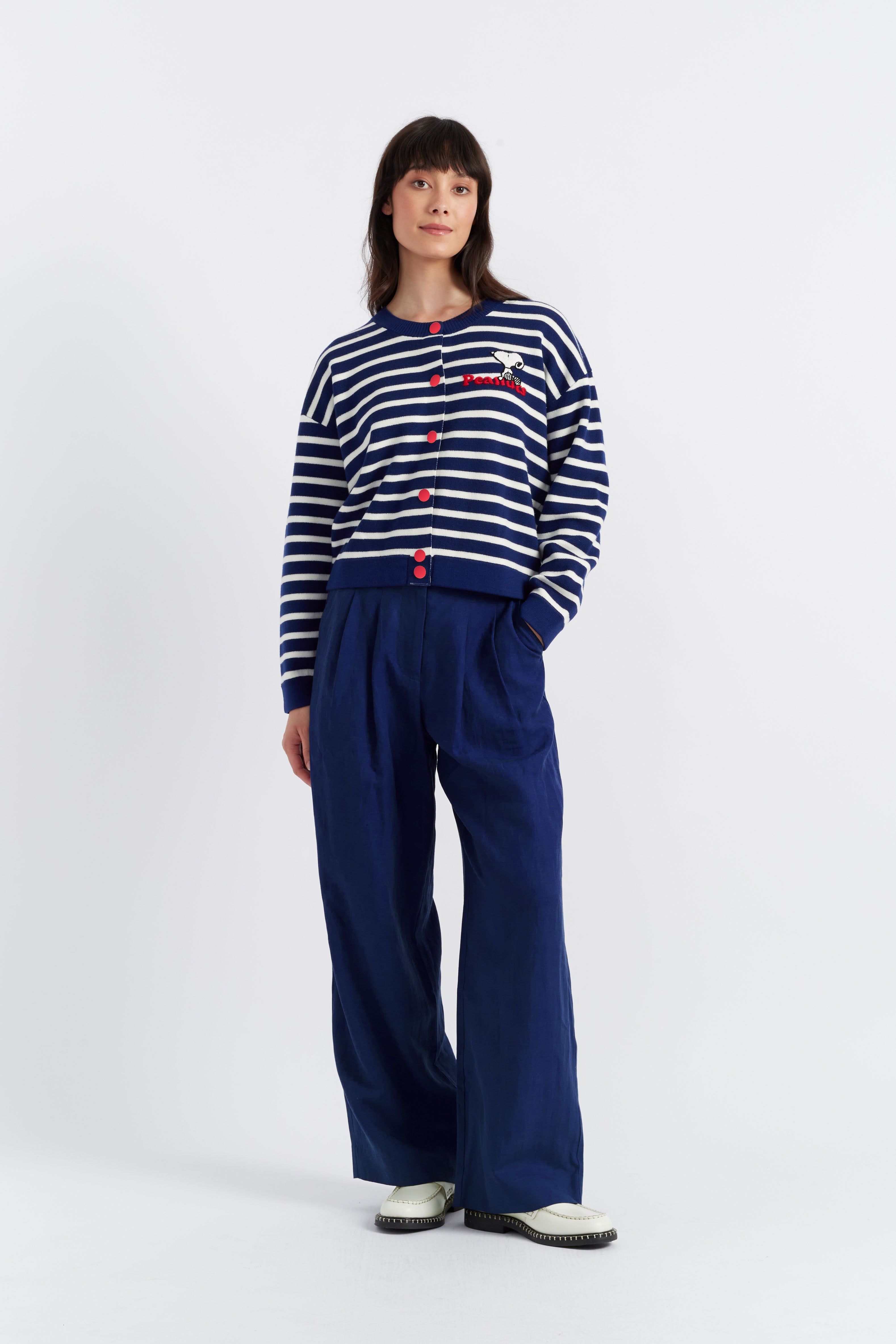 Blue Merino Wool Snoopy Milano Cardigan for Women - Cozy Winter Sweater for Casual Wear & Office Outfits