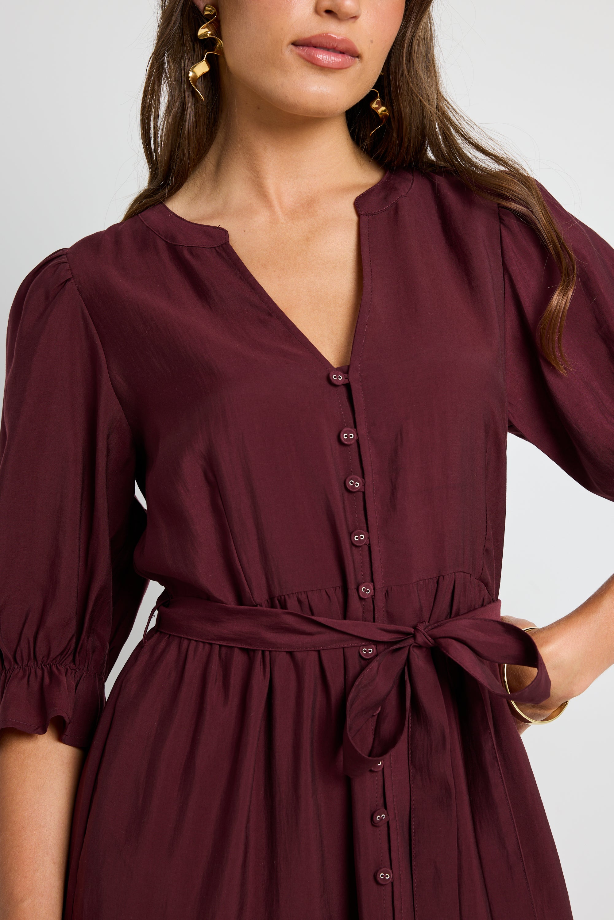 Burgundy Plum SS Button Front Tiered Maxi Dress for Women - Elegant Summer Casual Dress with Flowy Skirt - Perfect for Beach Vacations, Date Nights & Outdoor Parties