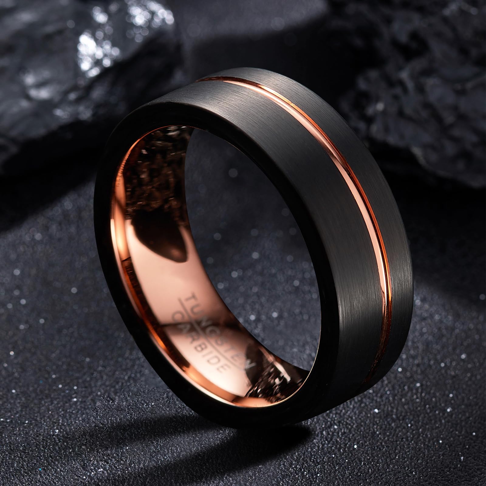 8mm Tungsten Rings for Men - Rose Gold, Blue Grooved, Black & Brown Two Tone Wedding Bands (Size 5-14) - Perfect for Engagements, Anniversaries & Everyday Wear
