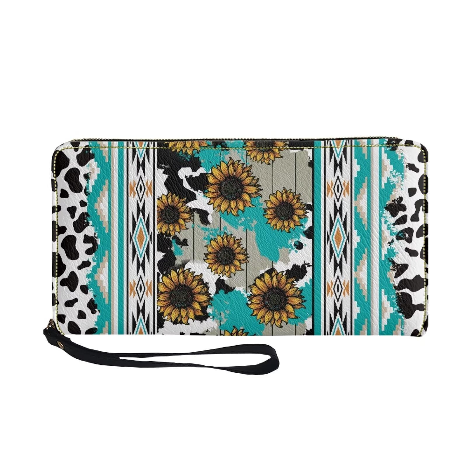 Women's PU Leather Long Zipper Wallet with Sunflower & Elephant Design - Stylish RFID Blocking Bifold Wallet for Everyday Use, Travel & Gift Giving