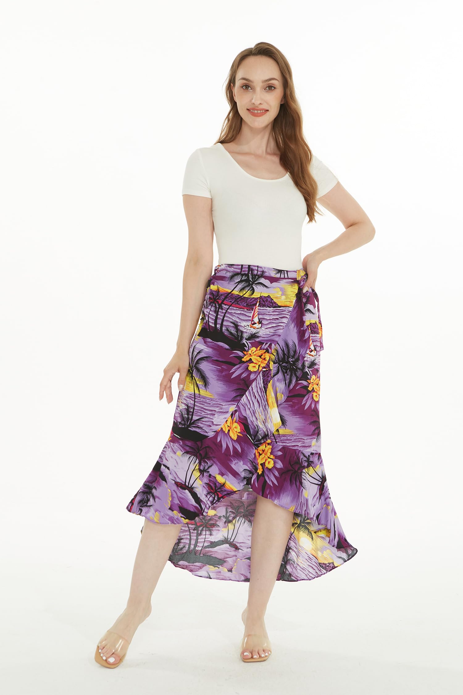 Women's Hawaiian Luau Wrap Ruffle Skirt - Sunset Neon Pastel Colors for Beach Party, Vacation & Summer Outfits | Floral Print Sarong Skirt for Tropical Theme Events
