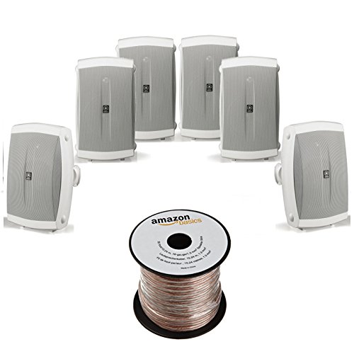 Yamaha NS-AW150WH 2-Way Weatherproof Outdoor Speakers - White (Set of 6) with Amazon Basics 16-Gauge Speaker Wire - Perfect for Patio, Garden & Poolside Entertainment