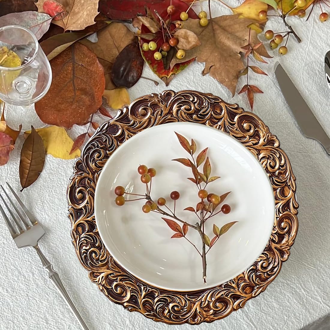 Antique Gold Charger Plates Set of 6 - 13 Inch Round Plastic Embossed Dinner Plate Chargers for Wedding, Party & Elegant Table Decor - Perfect for Formal Dining, Holiday Celebrations & Special Events