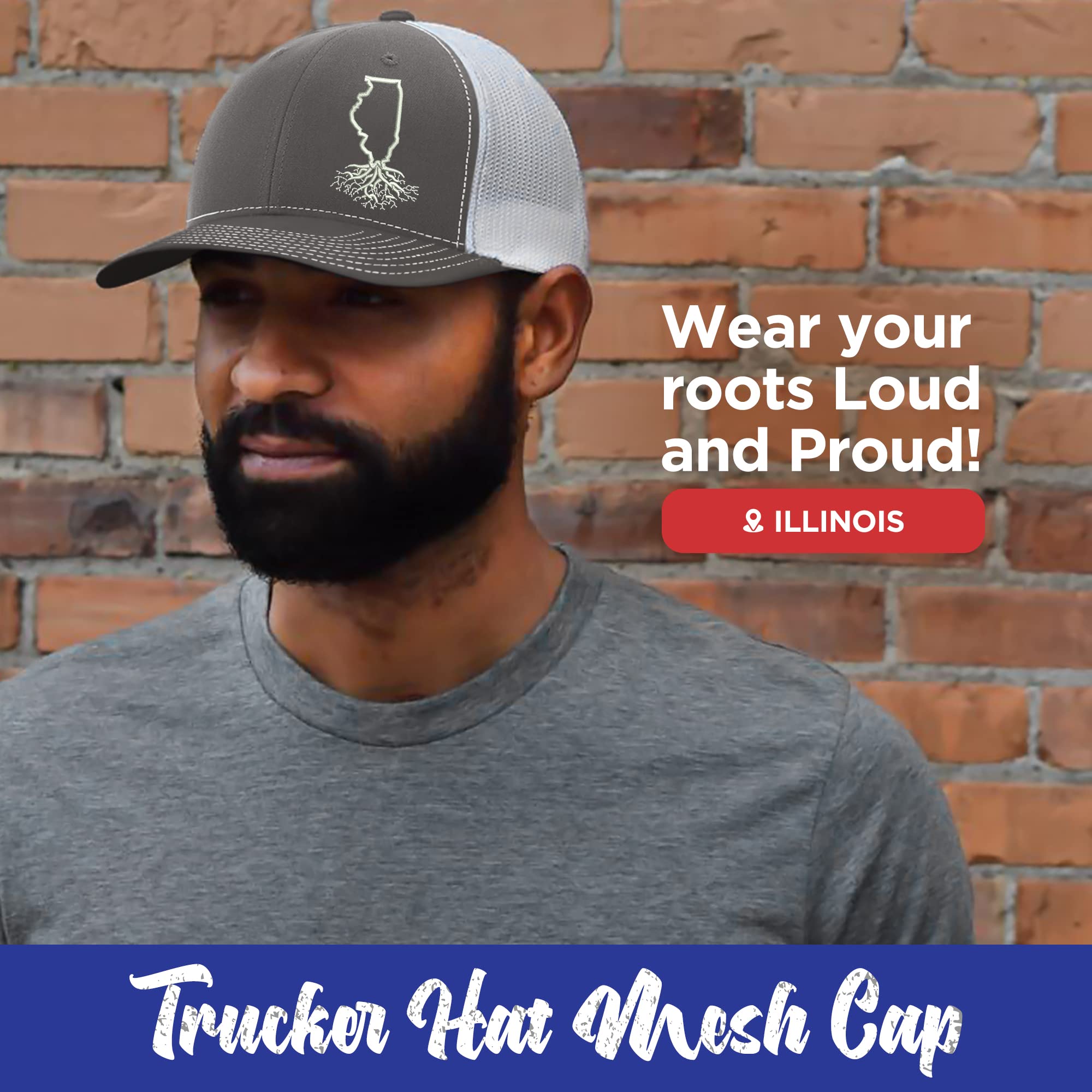 Illinois Roots Snapback Hat - Stylish Unisex Baseball Cap with Mesh Back, Polyester Cotton Six-Panel Trucker Hat, One Size Fits Most (Charcoal & White) - Perfect for Casual Wear, Outdoor Activities & Sports Events