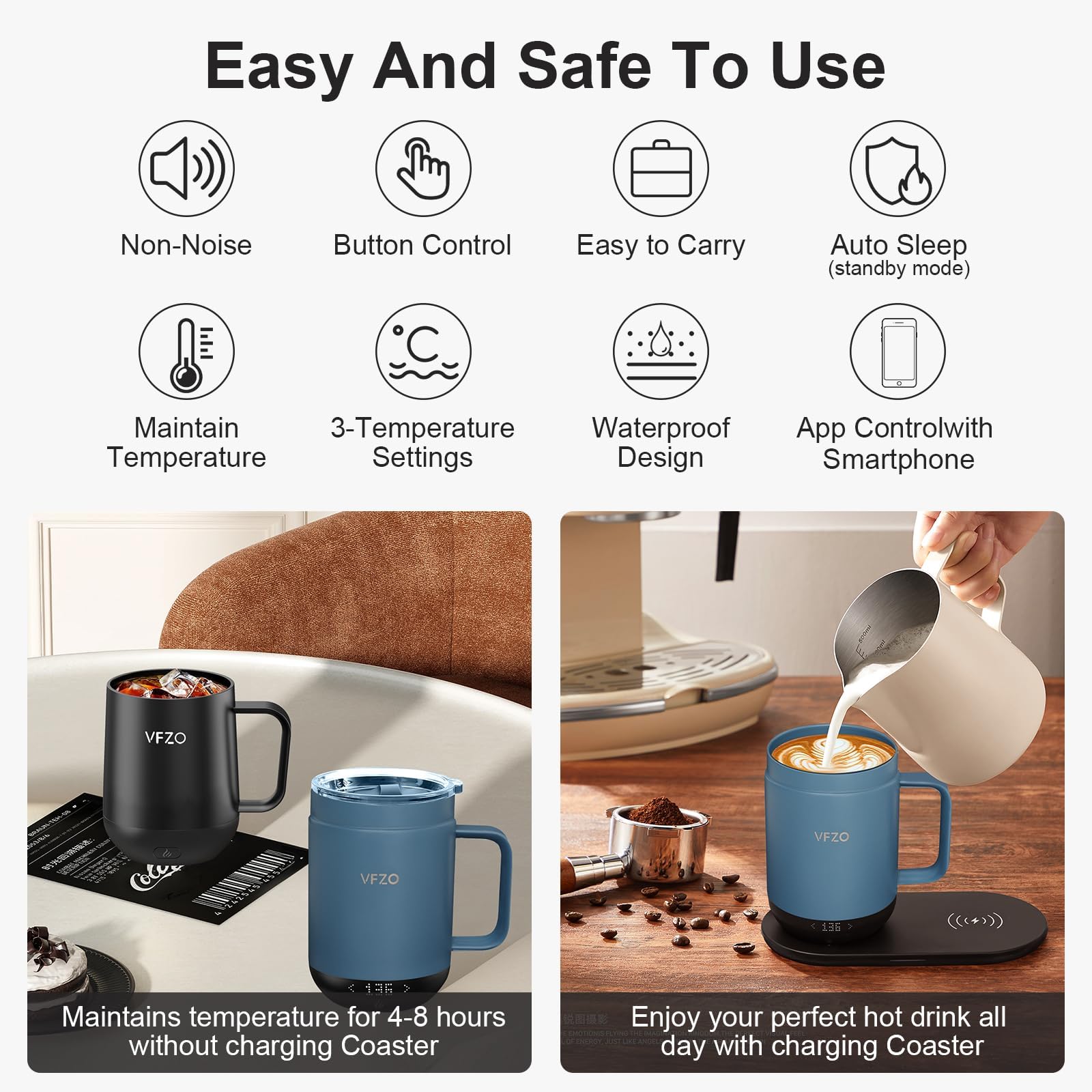 16oz Smart Self-Heating Coffee Mug with Temperature Control & LED Display - 180 Min Battery Life, Fast Wireless Charging Base (149℉ Max) - Perfect for Office, Travel & Home Use - Slate Blue