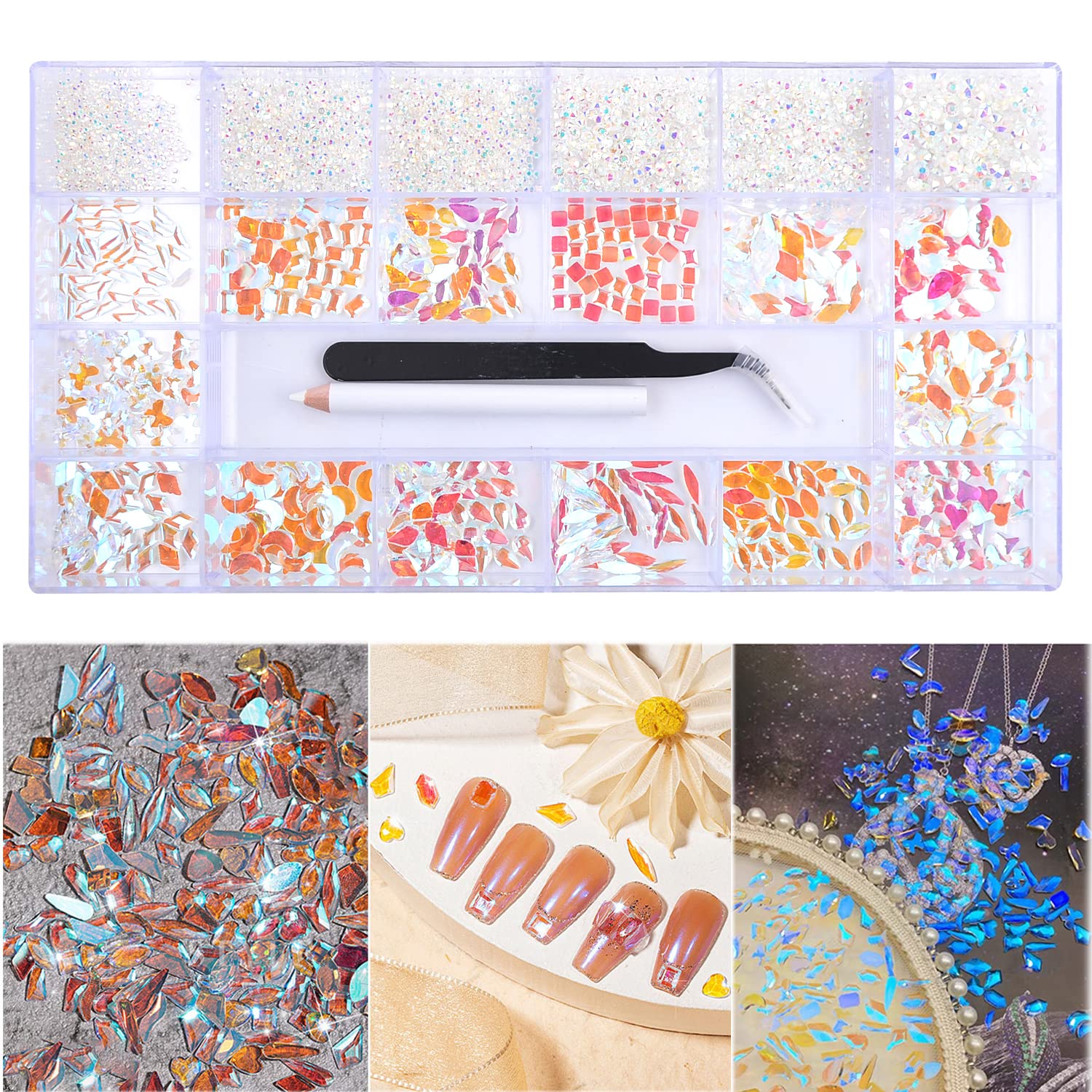 8640Pcs Champagne & Polar Blue Flatback Rhinestones Kit - 20 Shapes Nail Art Crystals, Round Beads, Diamond Jewels with Wax Pen & Tweezers - Perfect for DIY Nail Designs, Wedding Decor, Jewelry Making & Craft Projects