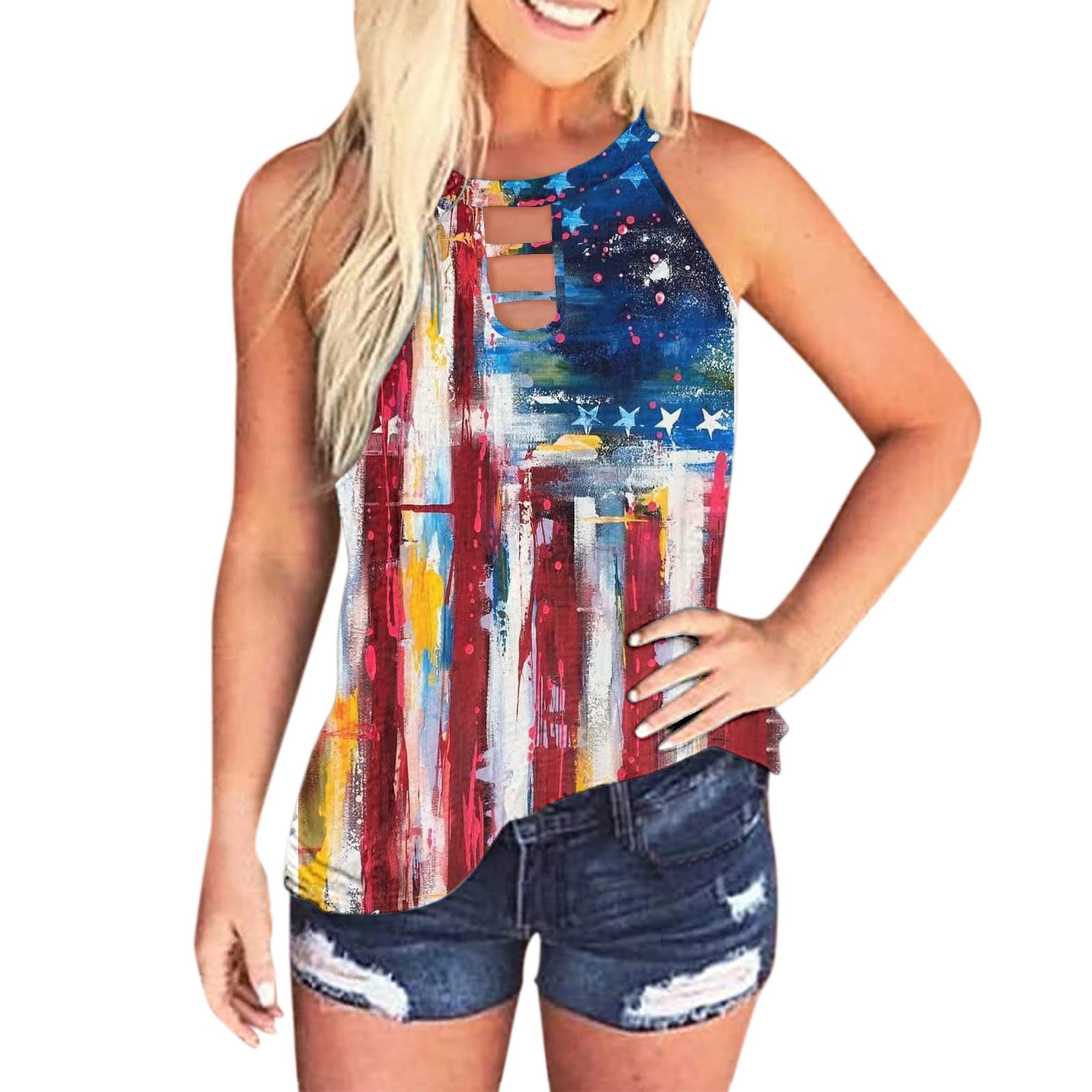 American Flag Print Women's Tank Top - Sleeveless Halter Summer Tops for Independence Day & Patriotic Events | USA Flag Design Casual Wear for Beach, BBQ & 4th of July Celebrations