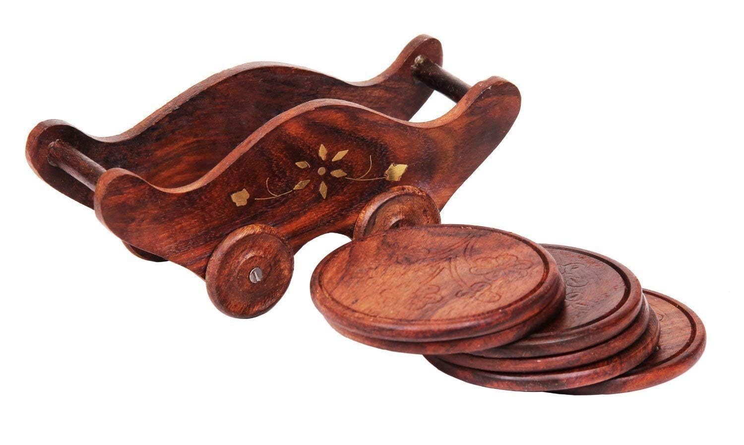 Handmade Wooden Miniature Boat Tea Coaster Set - 6 Piece Wood Tea Tray with Wheels for Coffee, Beer & Cups (7x4 Inch) - Perfect for Home Decor, Kitchen, Office & Gift Giving