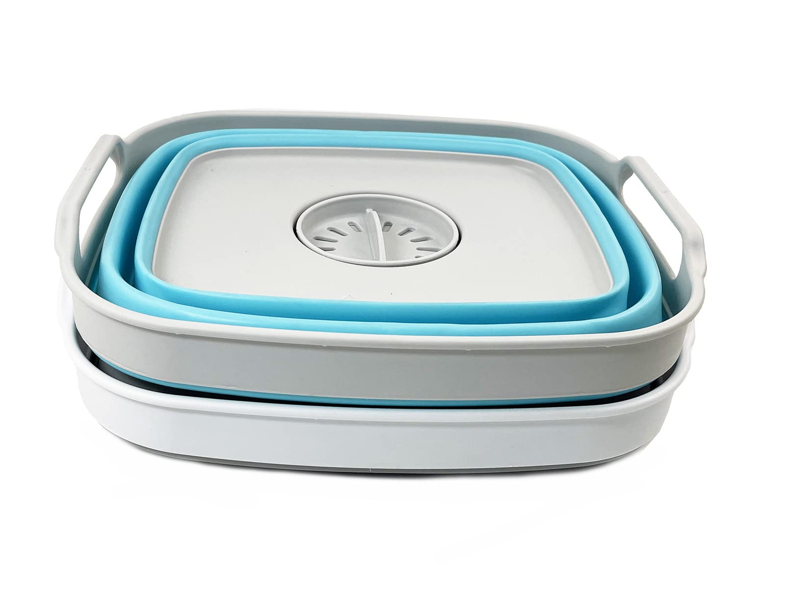 SAMMART 7.5L (2 Gallons) Collapsible Dishpan with Draining Plug - Foldable Washing Basin for Kitchen & Camping - Portable Dish Washing Tub - Space Saving Sink for Small Spaces (Grey + Cyanine, 2 Pack) - Perfect for RV, Dorm, and Outdoor Use