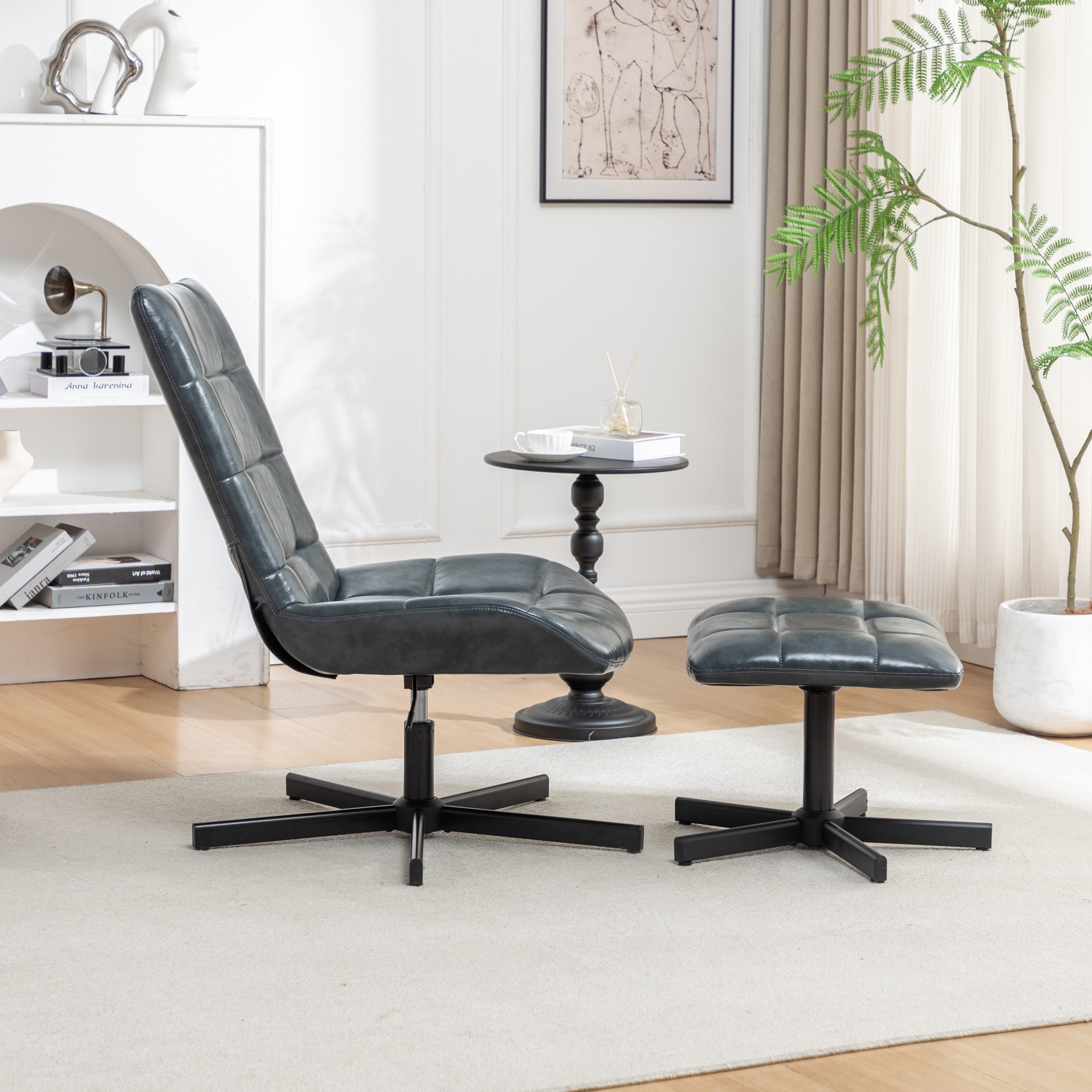 Roundhill Furniture Arlena Faux Leather Tufted Accent Chair with Ottoman Set - Modern Living Room Seating for Home Office, Bedroom or Lounge Area