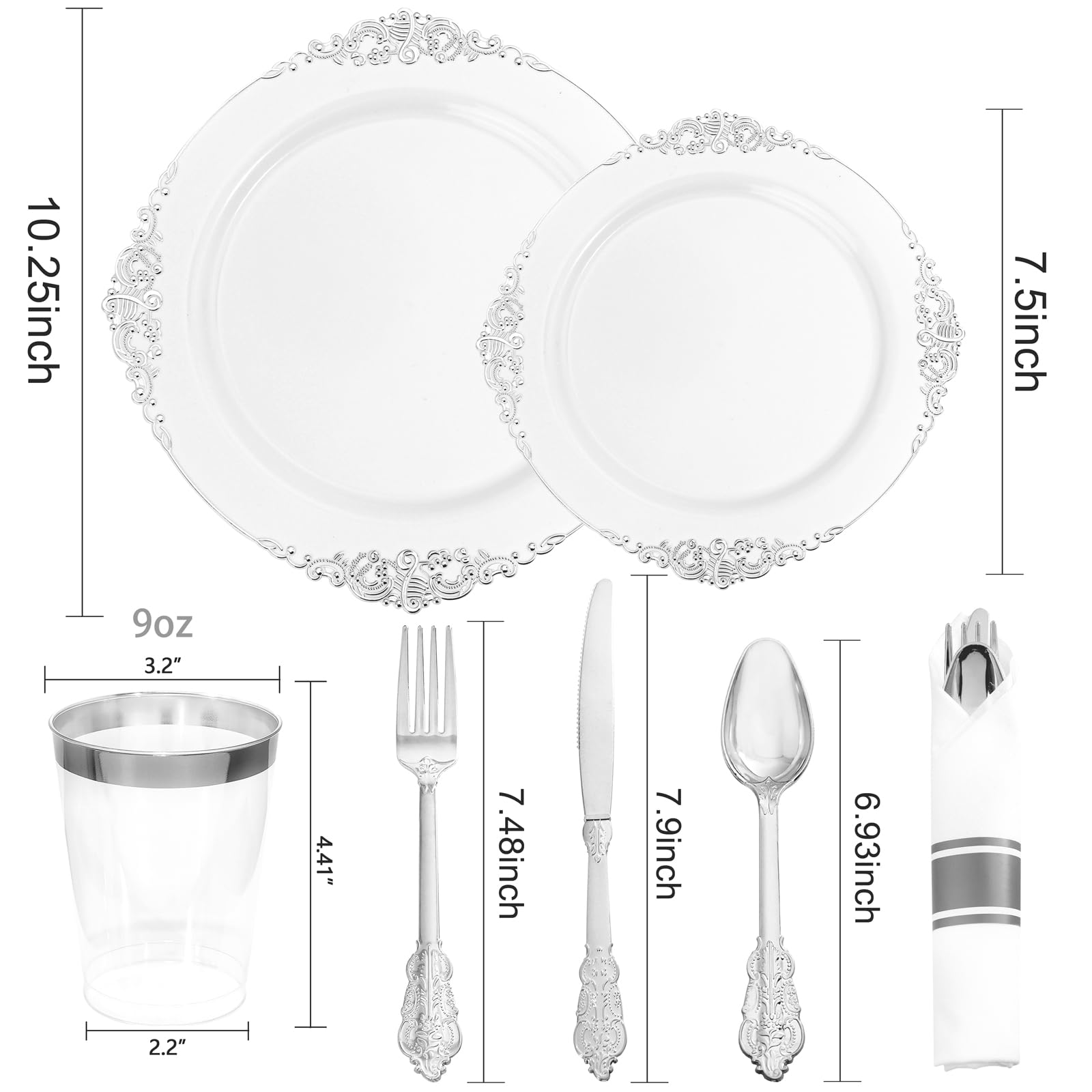 Liacere 350-Piece Silver Plastic Dinnerware Set - 100 Disposable Plates, 150 Silverware, 50 Cups & 50 Pre-Rolled Napkins for Wedding, Party, Banquet - Elegant Disposable Tableware for 50 Guests