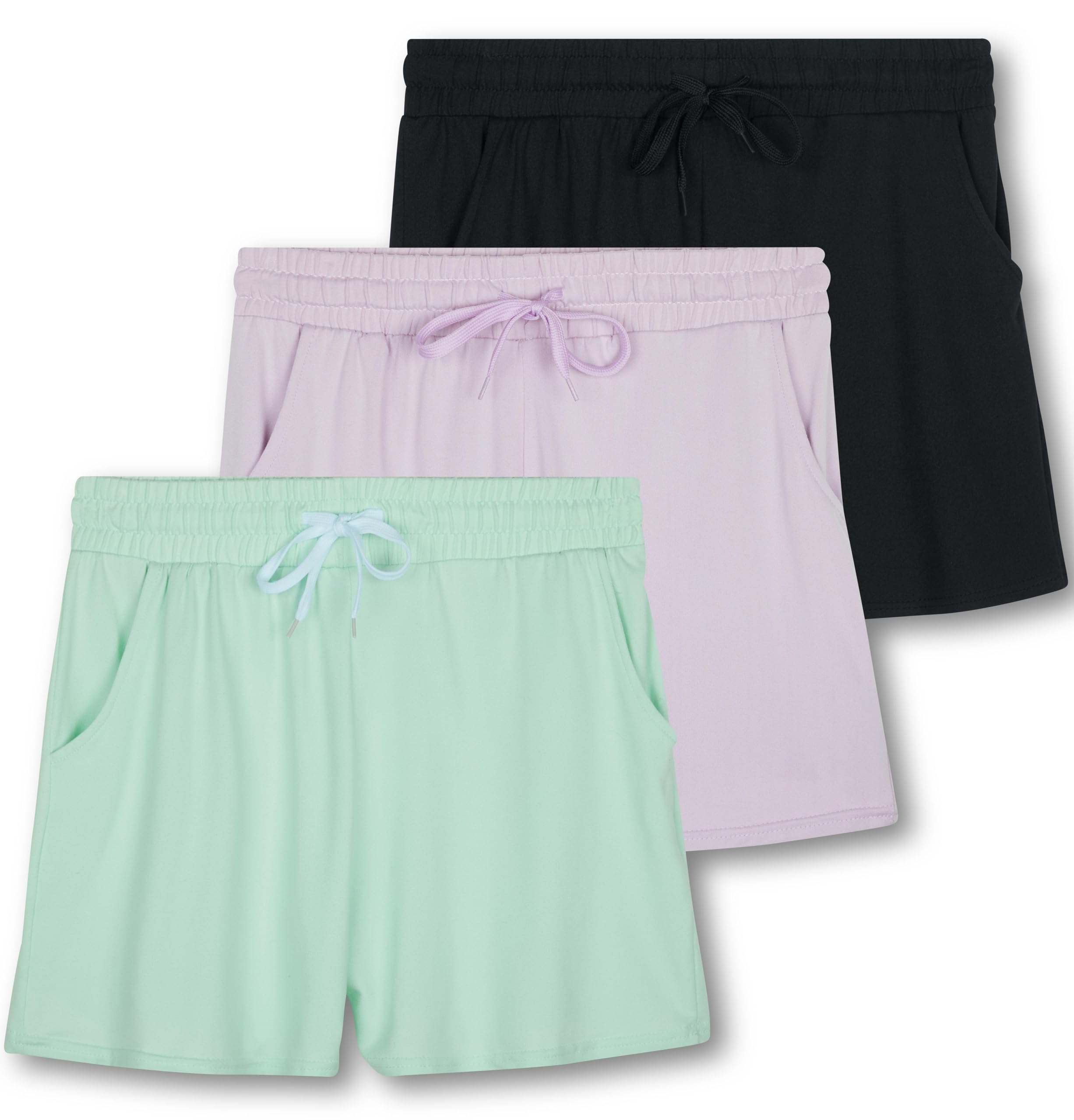 Real Essentials 3-Pack Girls' Soft Comfy Lounge Shorts with Drawstring - Yoga Athletic Sweatpants Shorts with Pockets for Home, Gym & Casual Wear