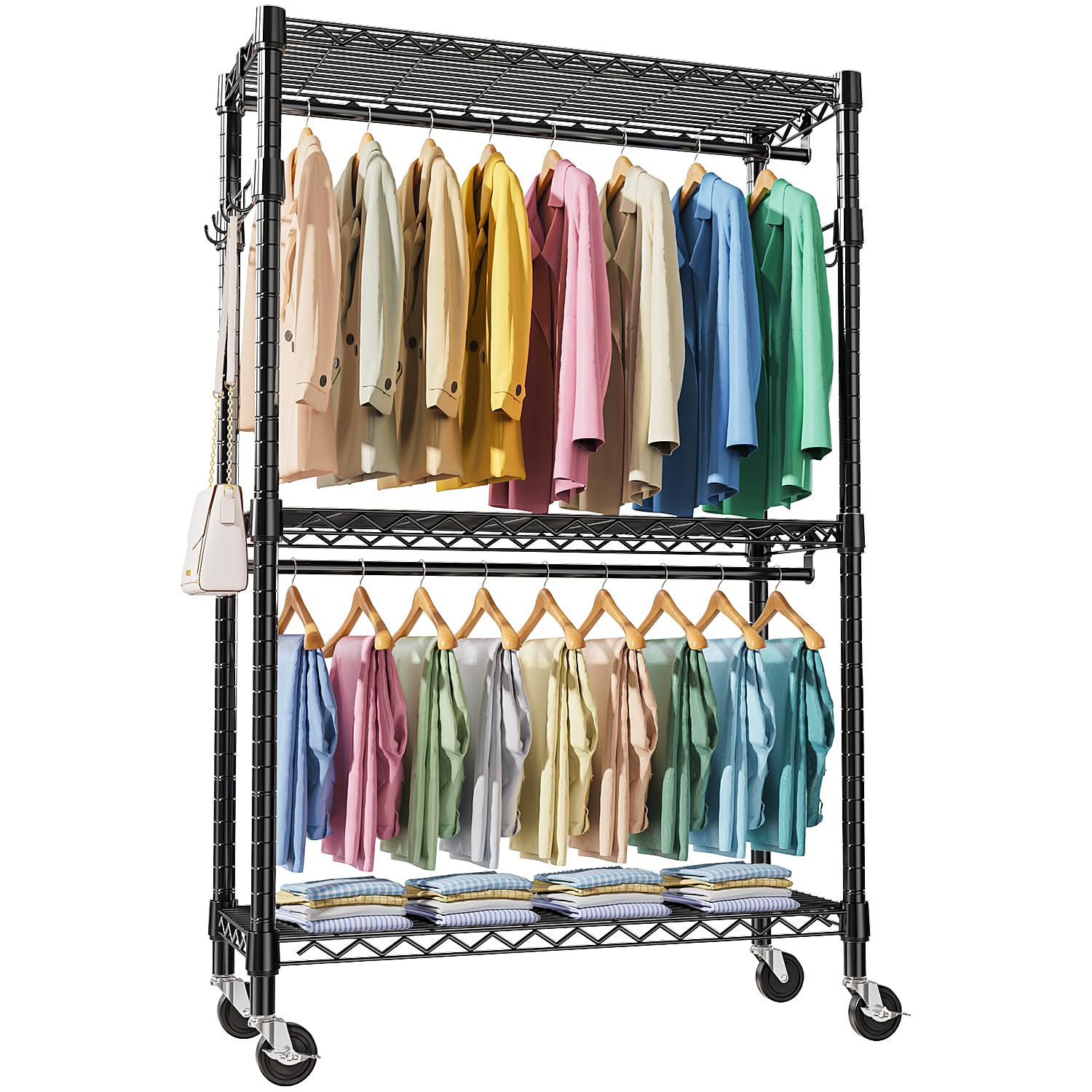 MZG Heavy Duty Rolling Garment Rack - 3-Tier Adjustable Wire Shelving Clothes Organizer with 2 Hanging Rods & Side Hooks, Mobile Storage Closet with Wheels (Black, 17.7