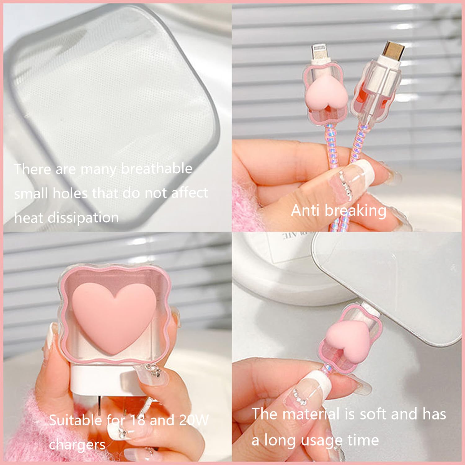 5-in-1 DIY Cable Protector & Wire Saver - 18W/20W USB-C Charger Case Cord Organizer Compatible with iPhone 11/12/13/14/15 Pro Max (Pink Love) - Perfect for Home, Office & Travel Charging Protection