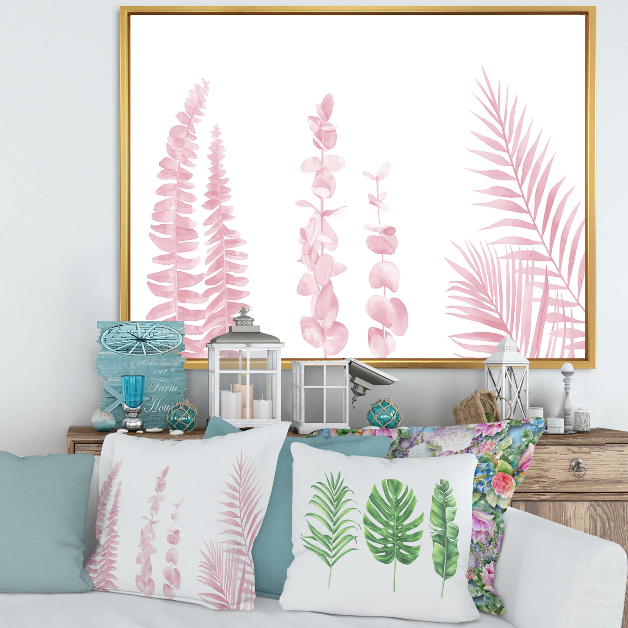 DesignQ Blush Pink Eucalyptus and Palm Branches Framed Canvas Wall Art Print - Shabby Chic Home Decor for Living Room, Bedroom & Office