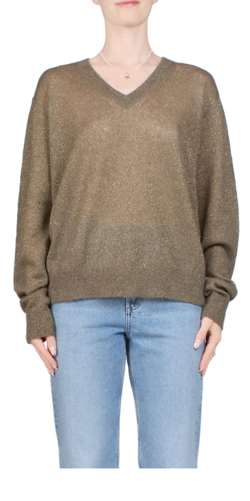 Classic V-Neck Sweater for Women - Metallic Khaki Pullover Knit Top | Soft Comfortable Winter Wear for Office, Date Night & Casual Outings