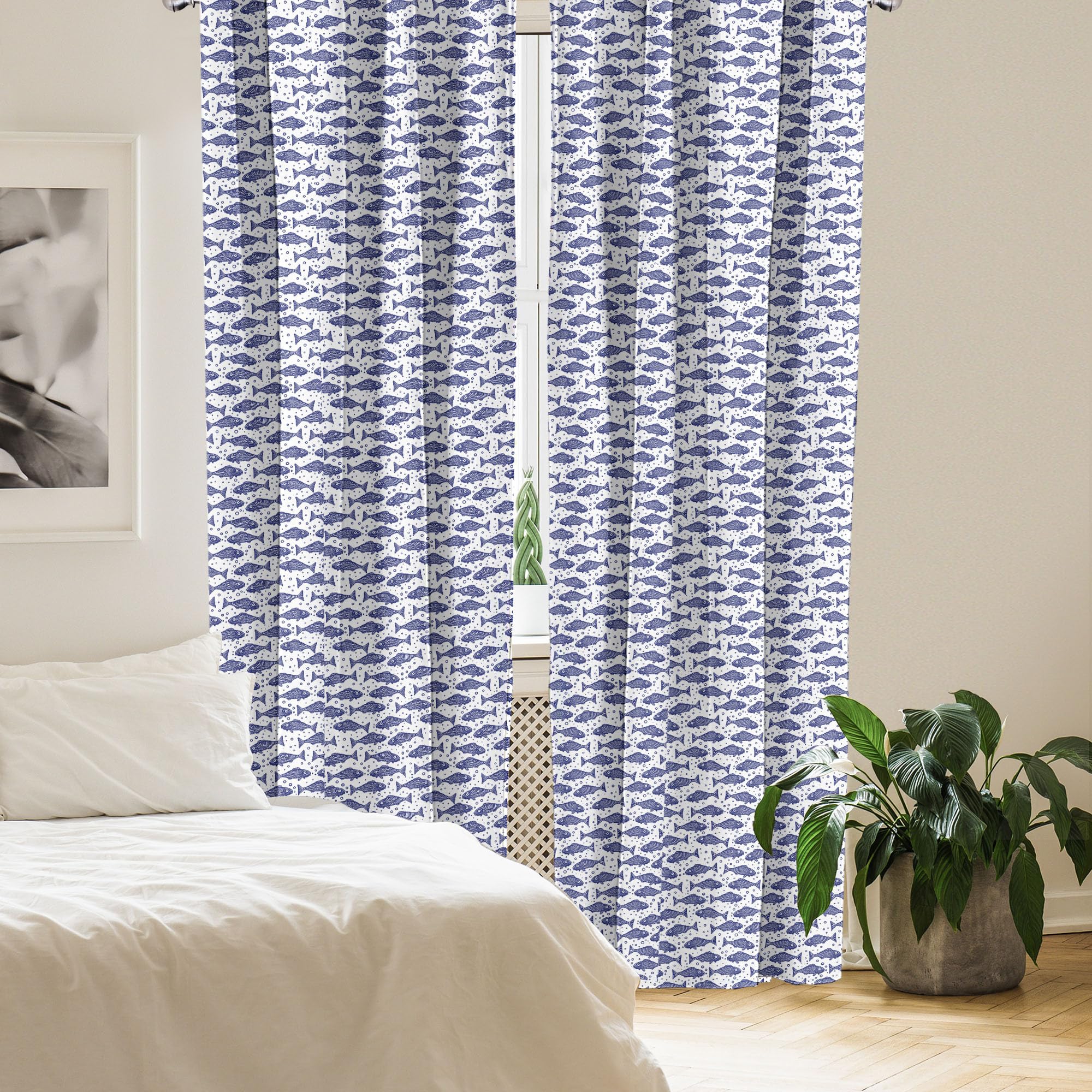 Ambesonne Nautical Window Curtains Set of 2 Panels - Monochrome Hand Drawn Hatched Fish Design with Minimal Bubbles, Lightweight Rod Pocket Drapes 28