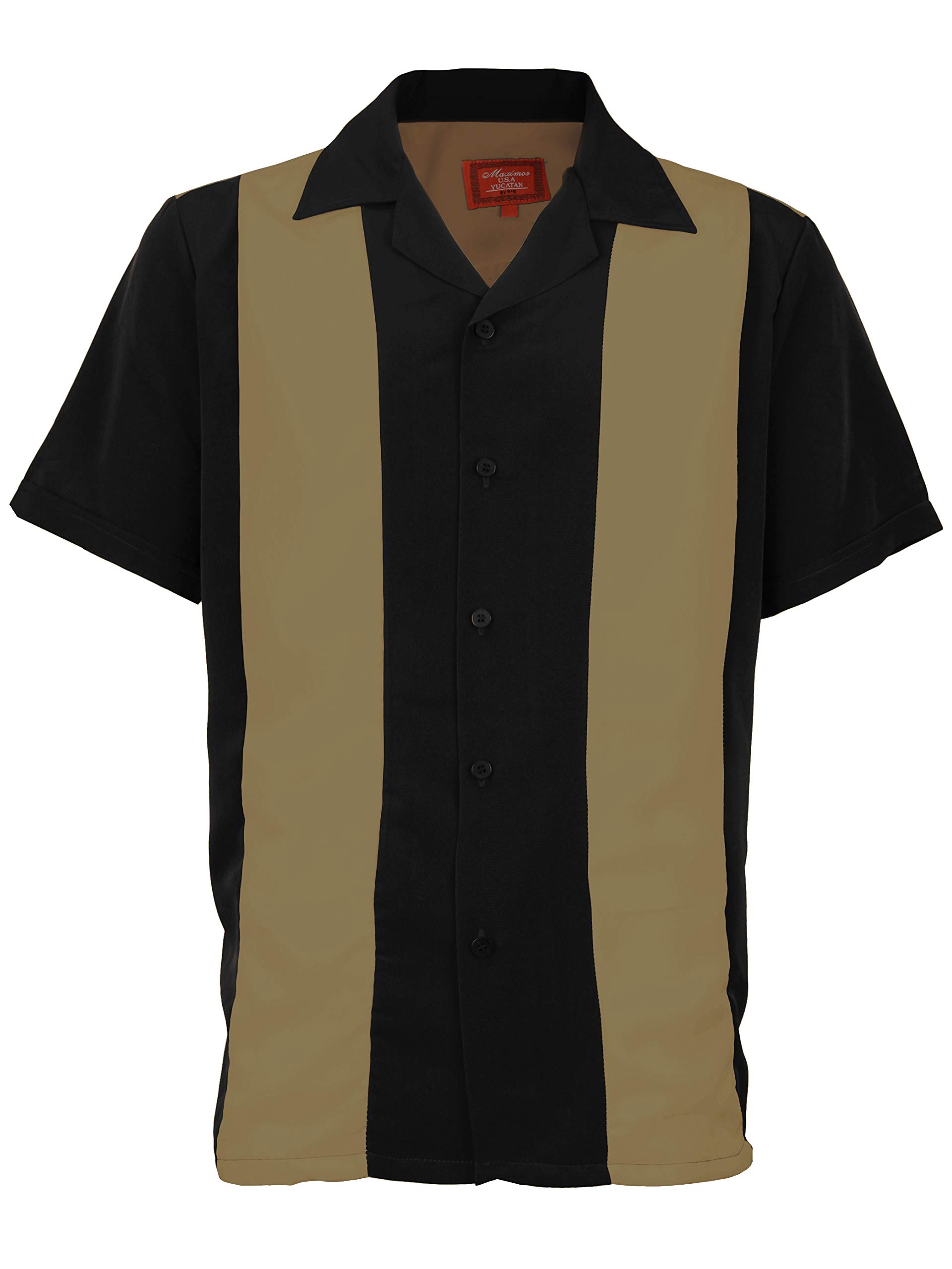 Maximos Men's Retro Charlie Sheen Two-Tone Guayabera Bowling Shirt - Casual Hawaiian Style Dress Shirt for Men (Moca/Black, 2XL) - Perfect for Summer Parties, Beach Vacations & Casual Wear