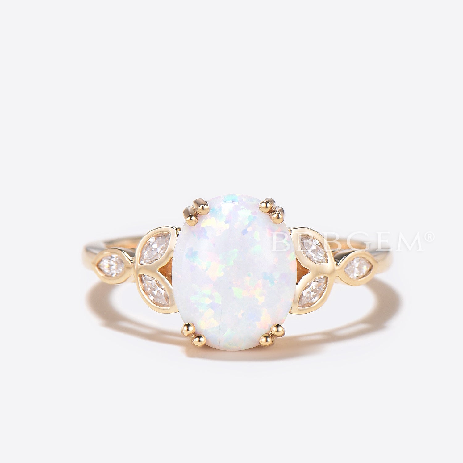 White Opal Leaf Moissanite Engagement Ring & Wedding Band Set in Rose Gold – Unique Bridal Jewelry for Proposals, Anniversaries, and Special Occasions