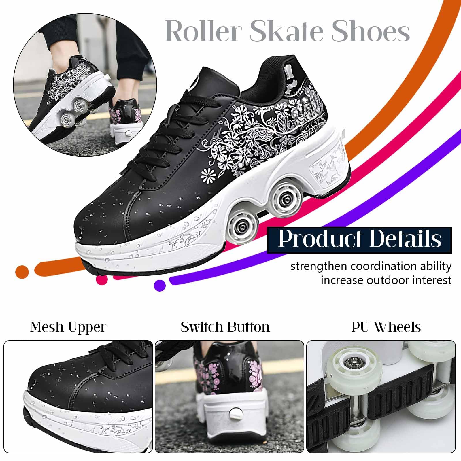 Retractable Roller Skate Shoes for Men & Women - Double Row Deform Wheel Sneakers with Wheels | Outdoor Skating Shoes for Boys & Girls | Perfect for Park Rides, Commuting & Fun Activities