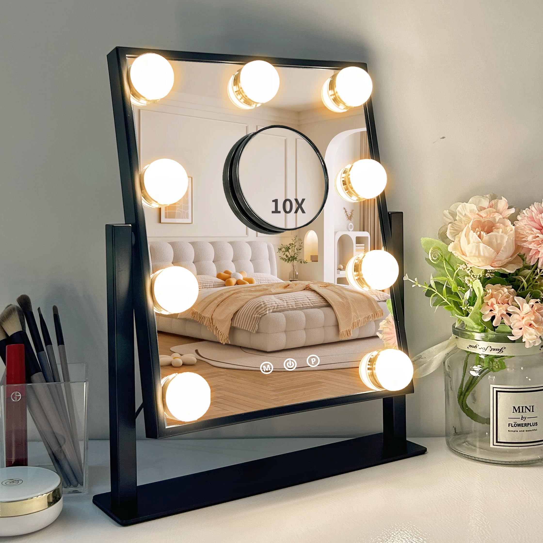 Hollywood Vanity Mirror with Lights - 9 Dimmable LED Bulbs, 3 Color Modes, 10X Magnification & 360° Rotation - Perfect for Makeup, Skincare & Hair Styling at Home