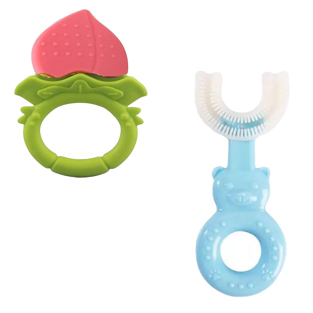 Kritiu Baby Teether and U-Shaped Toothbrush Set | BPA-Free Silicone Teething Toys for Infants 0-12 Months | Safe Chewing Relief & Oral Care | Perfect for Soothing Sore Gums & Early Dental Hygiene (Peach & Blue) | Great for Home, Travel, and Daycare Use