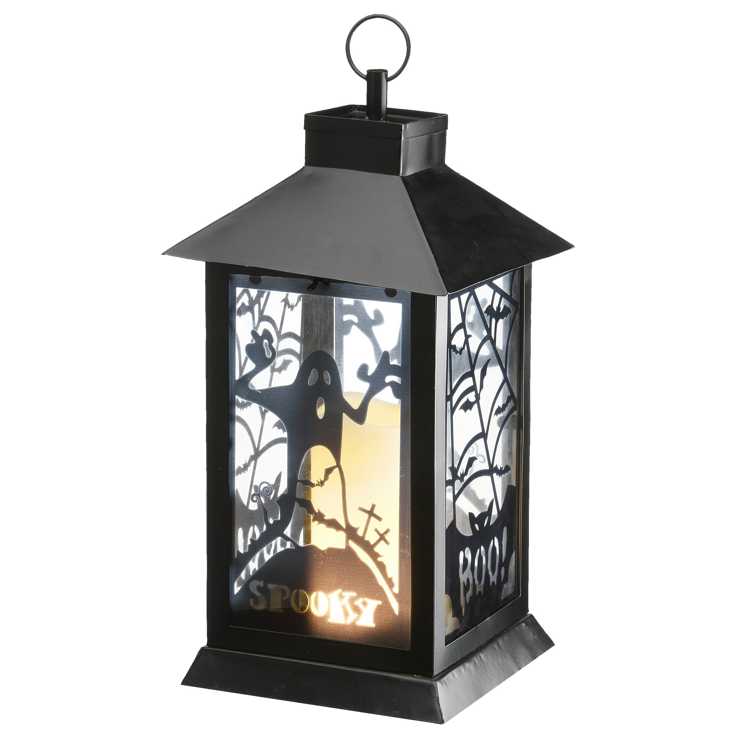 16 Inch Halloween LED Lantern with Carved Ghost and Cobweb Designs - Spooky Decor for Parties, Porch & Indoor Halloween Decorations