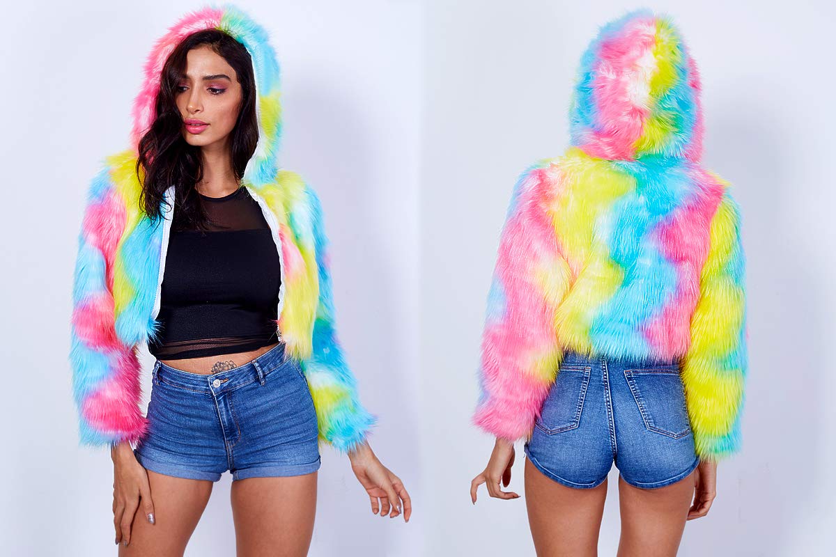 LED Light Up Jacket for Women - Glow in The Dark Rave, Stage, Xmas & Birthday Party Costume - Faux Fur Coats for Nightclub, Festival & Fancy Dress
