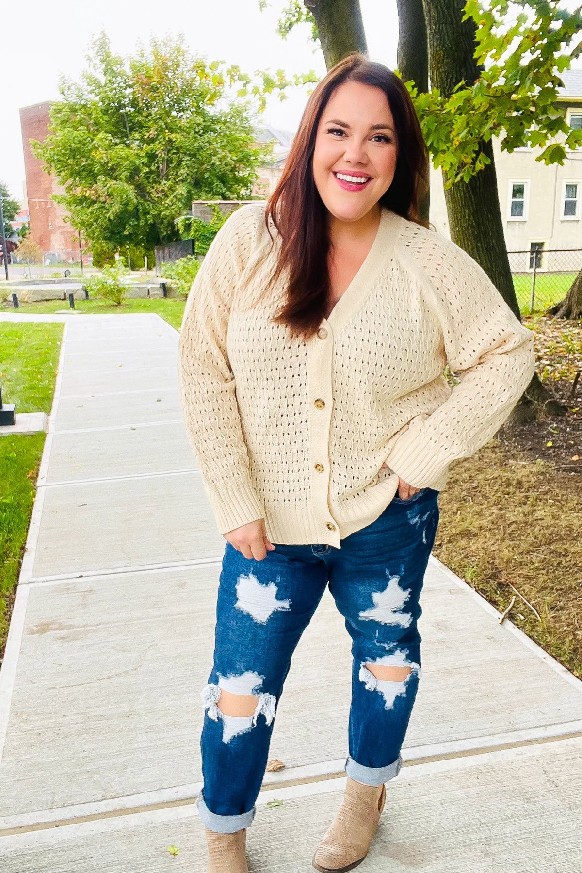 Follow Me Oatmeal Pointelle Knit Button Down Cardigan - Cozy Women's Sweater for Fall & Winter | Perfect for Office, Date Night & Casual Outfits