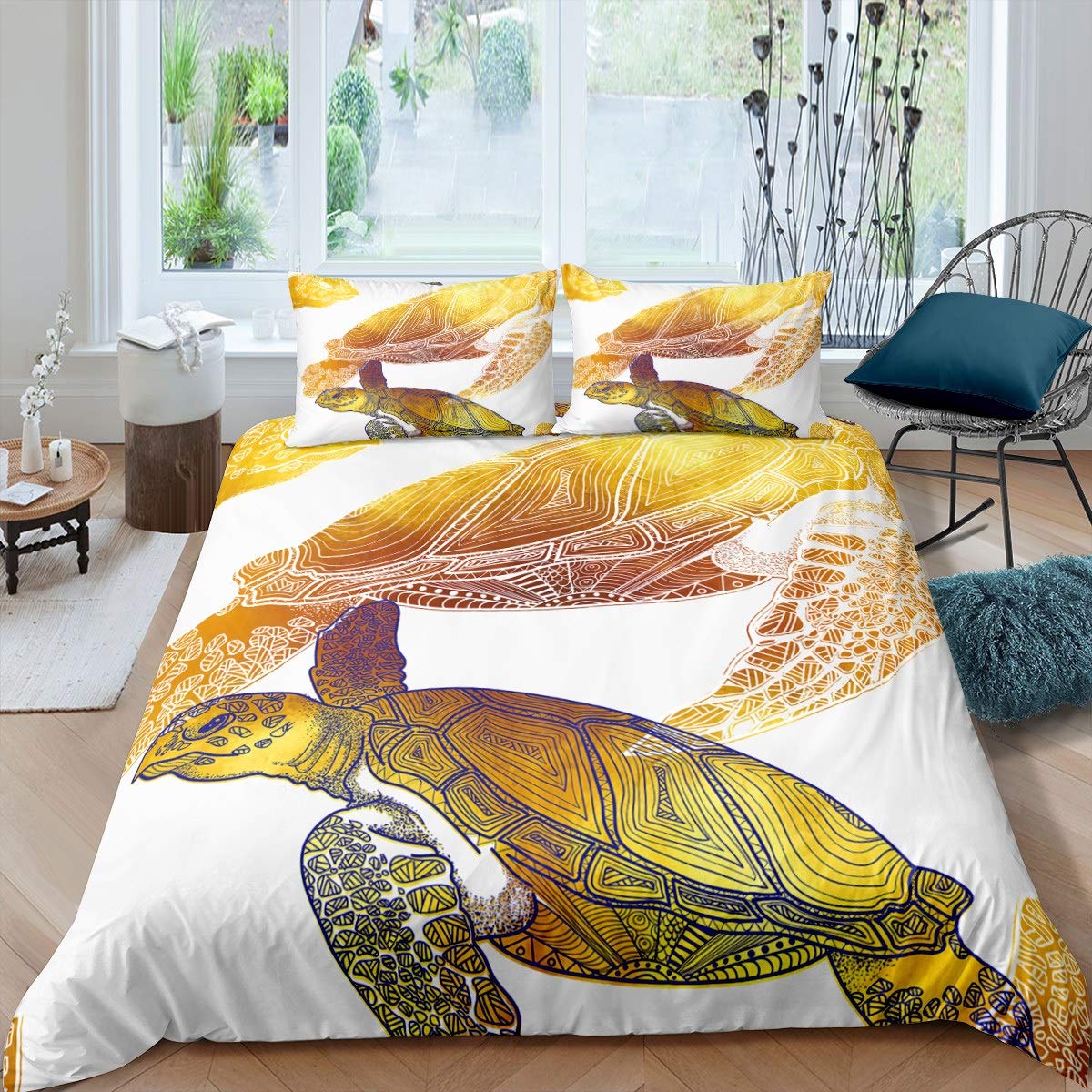 Premium Gold Sea Turtle Twin Duvet Cover Set - Ultra Soft Microfiber Bedding for Boys & Girls (1 Duvet Cover + 1 Pillowcase) | White Coastal Theme Bedroom Decor for Kids & Teens