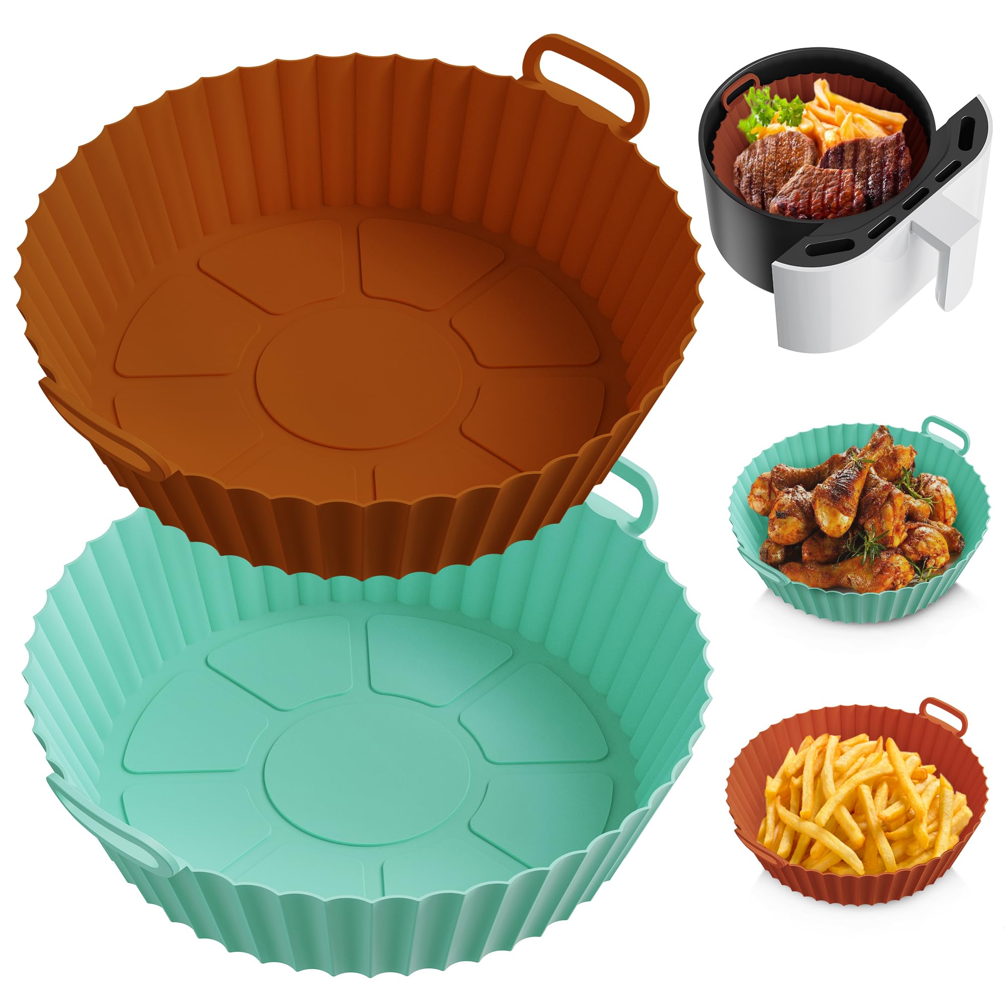 ME.FAN Air Fryer Silicone Liners for 4 to 7 QT [2 Pack] - Reusable Non-Stick Basket with Handles & Vent Holes - Compatible with Most Air Fryers & Ovens - Dark Orange & Mint Green - Perfect for Roasting, Baking & Frying Healthy Meals