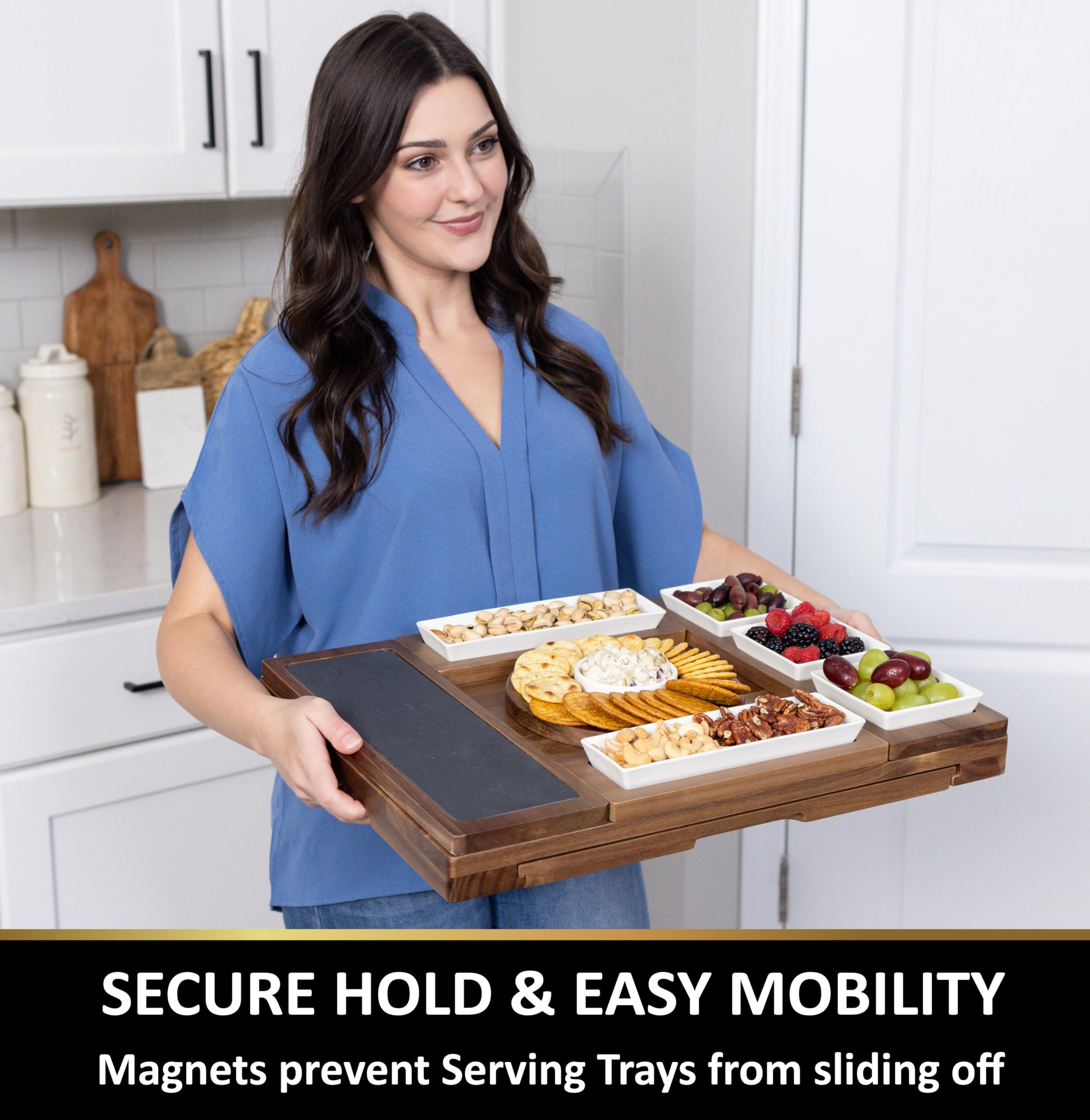 ZYLO Charcuterie Boards Gift Set - Large Acacia Wood Cheese Board & Slate Cutting Board with Ceramic Dishes & Knife Set - Removable Magnetic Serving Trays for Entertaining, Dinner Parties & Holiday Gifts