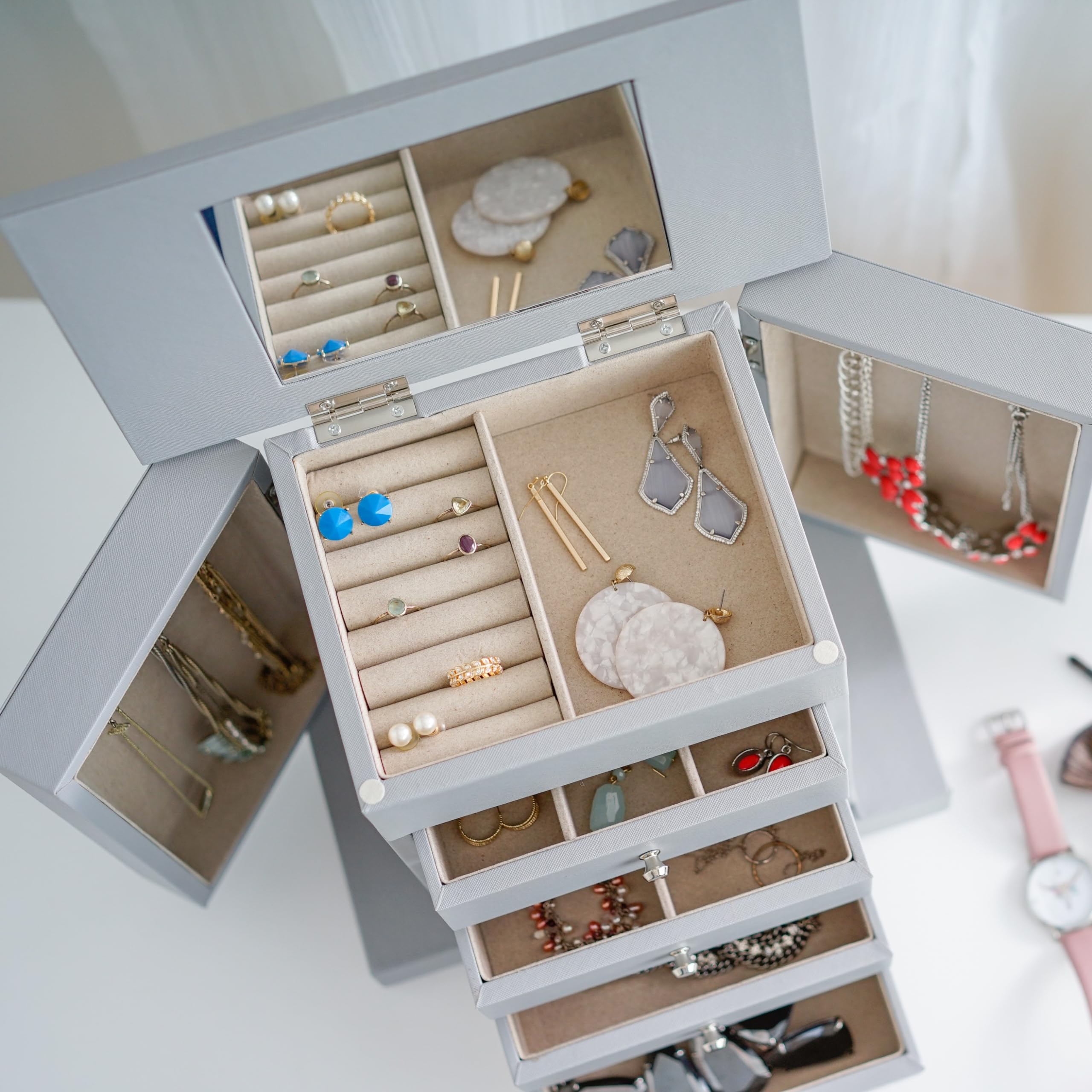 Layla Jewelry Box with Hives & Honey Design - Stylish Grey Jewelry Organizer for Women | Perfect for Bedroom, Vanity & Travel Storage