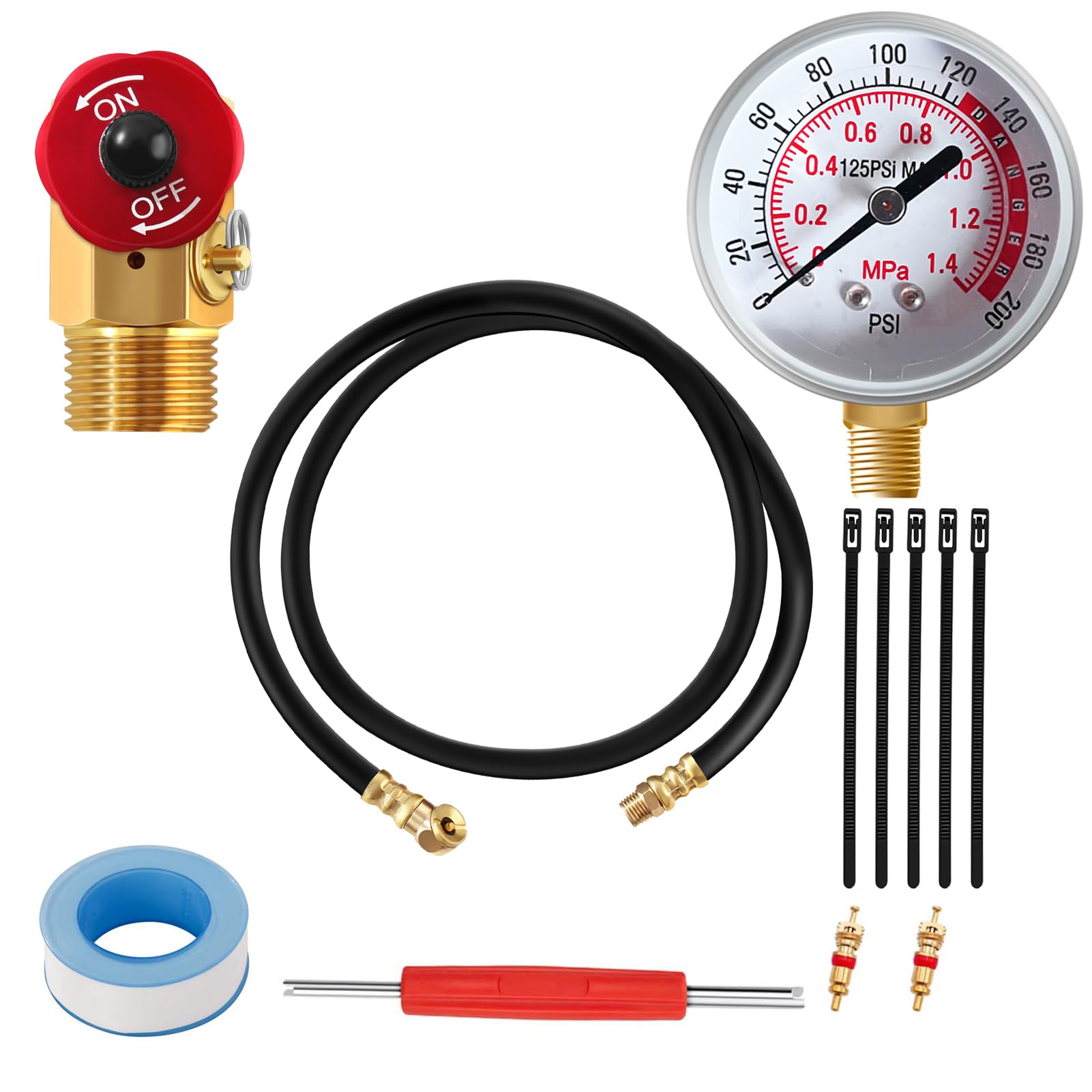 12Pc Air Tank Repair Kit with Pressure Gauge, Hose Connector & Aluminum Knob Manifold - Includes Reusable Cable Ties, Valve Core Tool & Cores - Perfect for RV, Truck & Industrial Air Compressor Maintenance