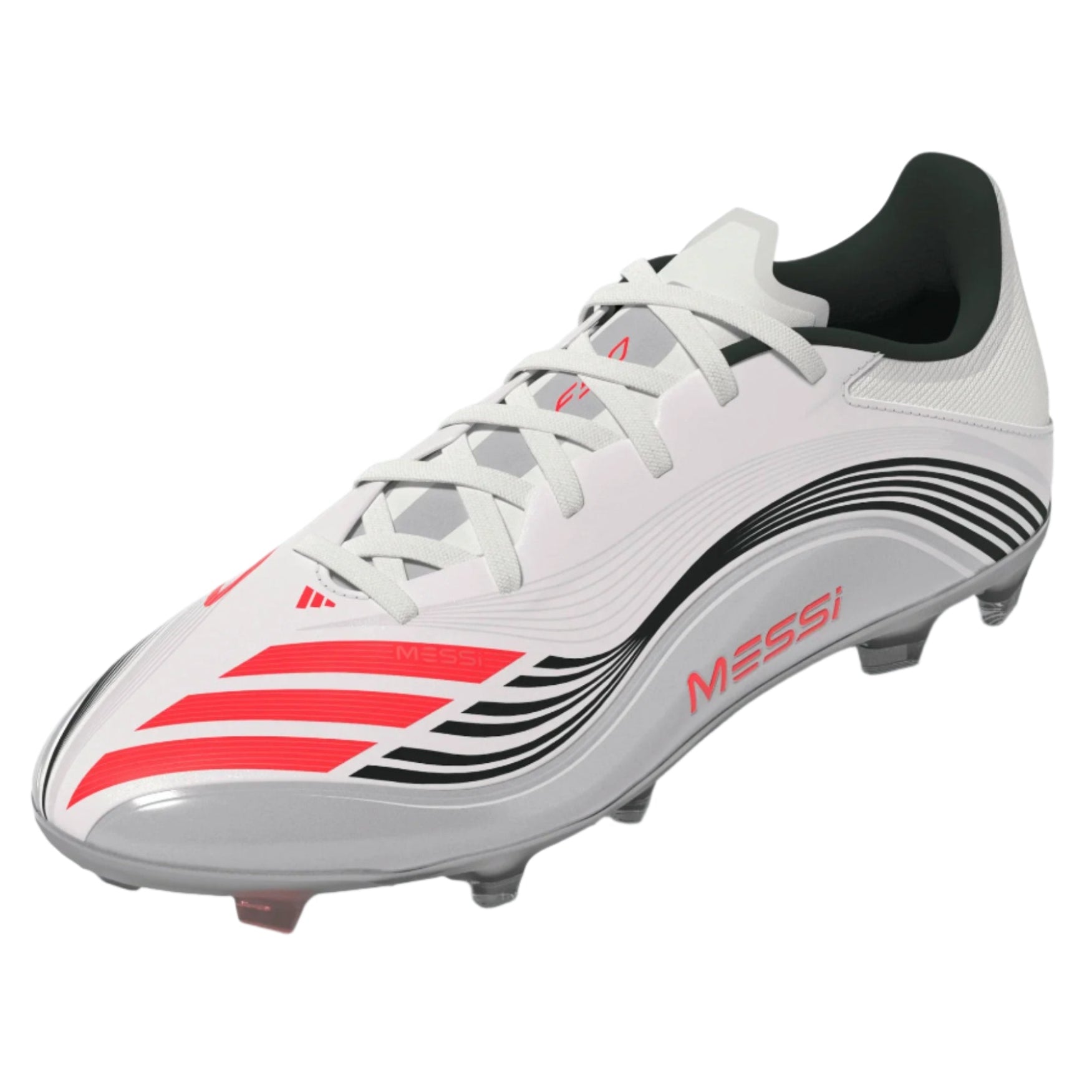 adidas F50 Messi League FG/MG Soccer Cleats - White/Lucid Red/Silver Metallic | Lightweight Football Shoes for Men | Perfect for Turf & Artificial Grass Fields