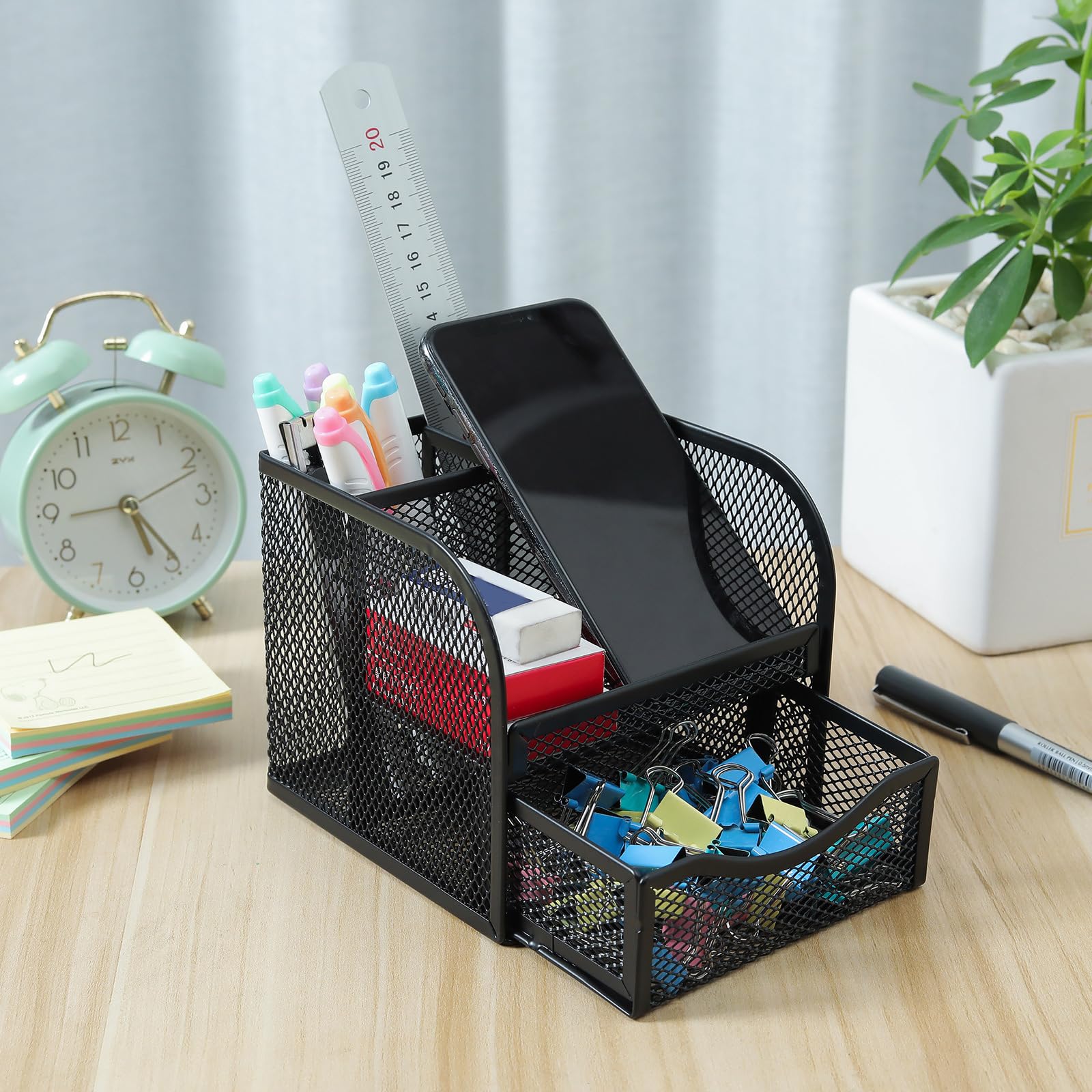BAIMOQI Metal Pen Holder with Sliding Drawer - Space Saving Desk Organizer for Office & Home Use