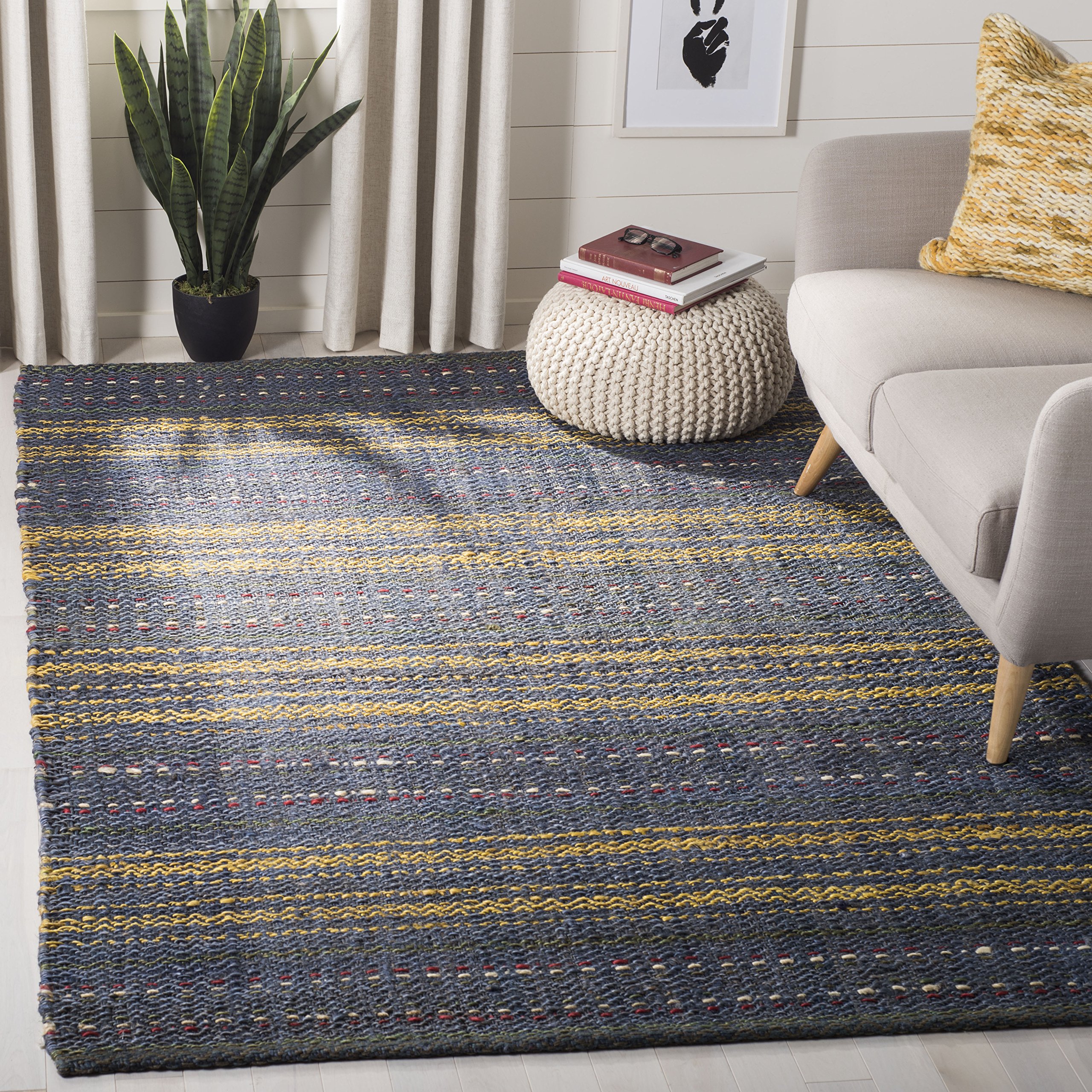 SAFAVIEH Handmade Natural Jute Area Rug 8' x 10' - Blue & Gold Striped Design for Living Room & Bedroom | Durable Floor Covering for High Traffic Areas | Eco-Friendly Home Decor | Perfect for Boho, Coastal & Farmhouse Style Interiors