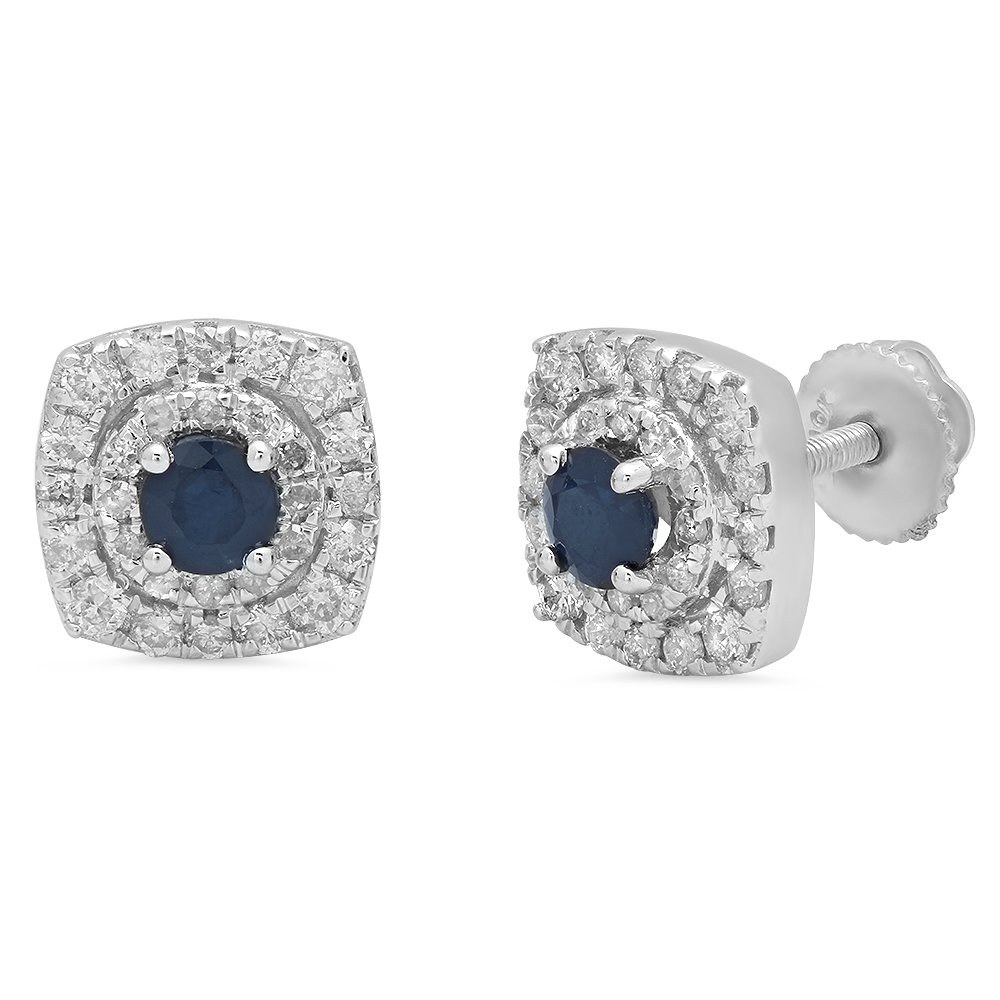 Dazzlingrock Collection 10K White Gold Round Cut Blue Sapphire & White Diamond Halo Stud Earrings for Women - Perfect for Weddings, Anniversaries, and Special Occasions