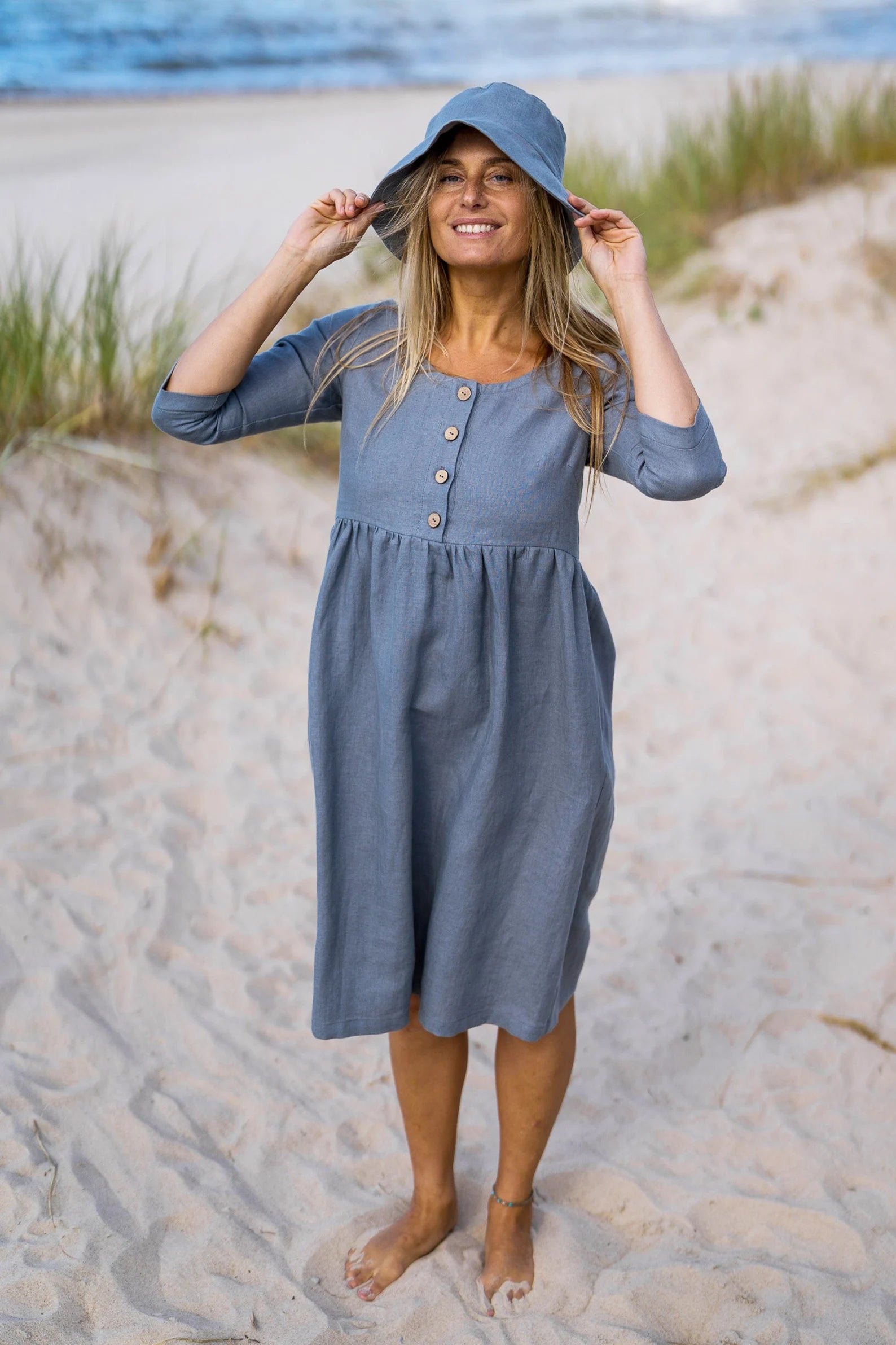 BARBARA Grey Linen Maternity Dress with 3/4 Sleeves - Comfortable Pregnancy Outfit for Casual Wear & Summer Maternity Photos