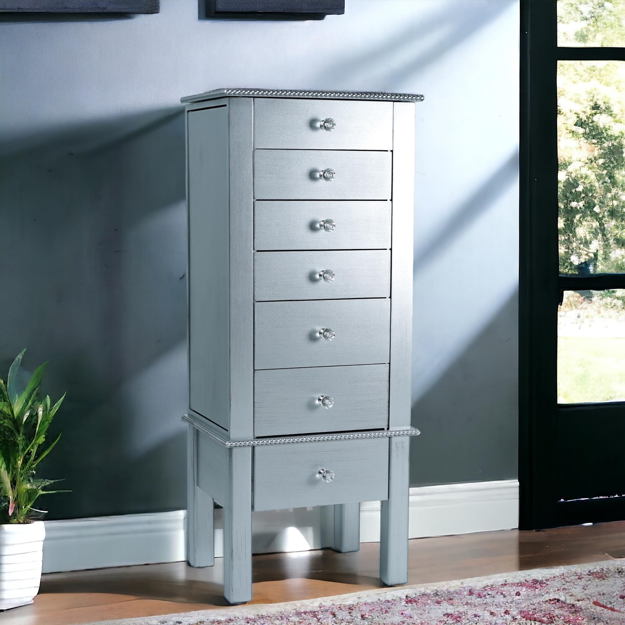 Modern Silver Jewelry Armoire with Divided Drawers & Necklace Hooks - French-Inspired Jewelry Organizer with Anti-Tarnish Felt Lining - Perfect for Bedroom, Closet & Vanity Storage