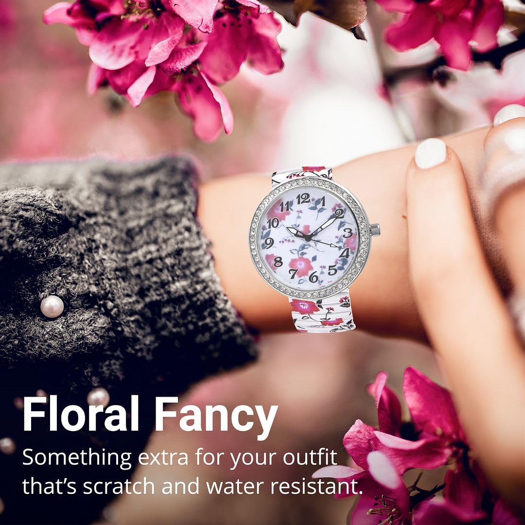 Floral Watch for Women - Stainless Steel Crystal Studded Stretch Band Flower Wristwatch - Elegant Ladies Bracelet Watch with Japanese Movement - Perfect Birthday Gift for Her, Mother's Day, Anniversary & Everyday Wear