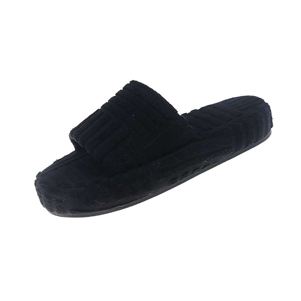 Women's Fuzzy Terry Cloth Open-Toe Slippers with Arch Support - Orthopedic Comfort House Shoes for Relaxing at Home (Black, UK 4.5) - Perfect for Lounging, Spa Days & Cozy Evenings