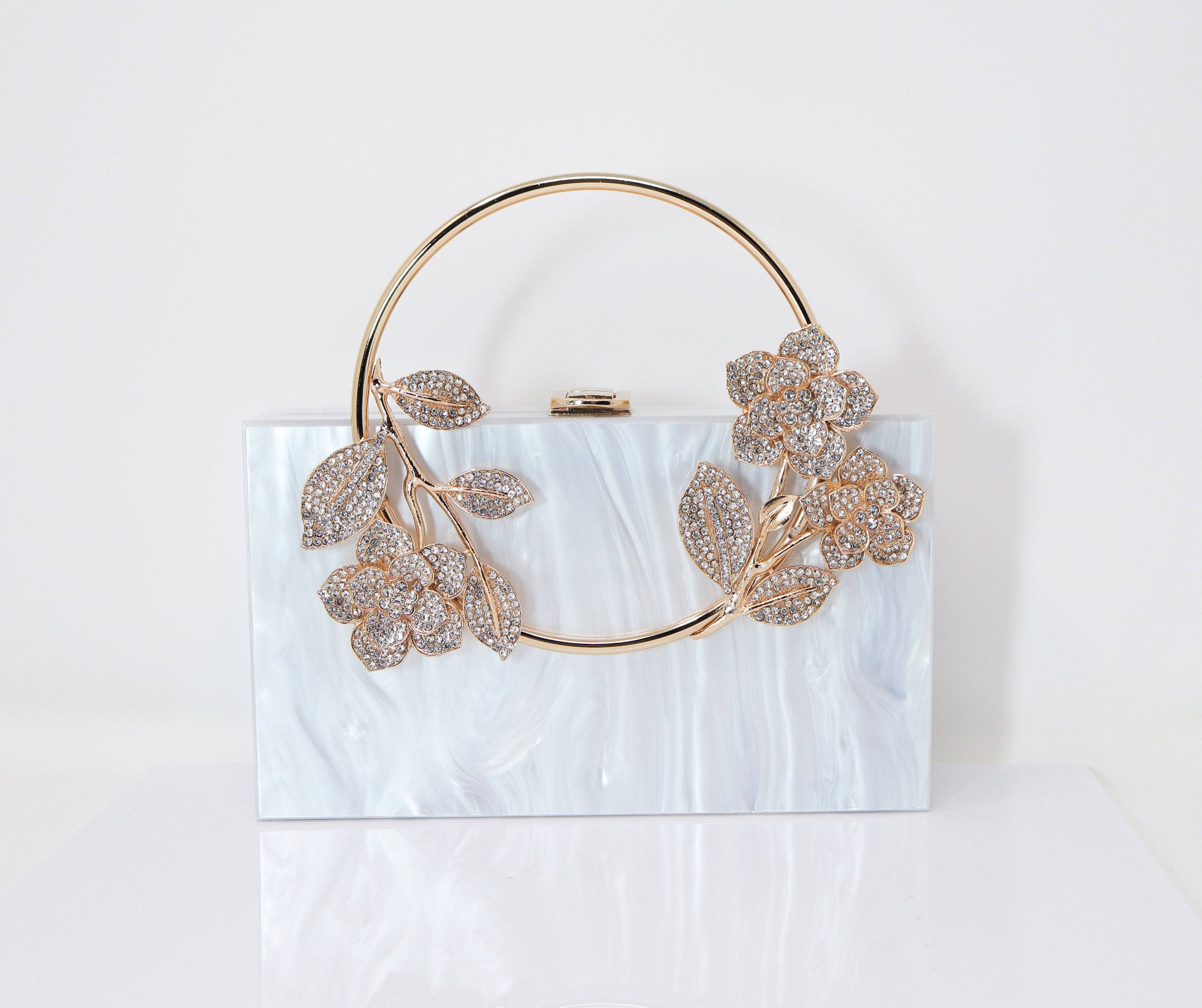 Elegant White Gold Floral Acrylic Rhinestone Wedding Clutch Purse - Bridal Evening Bag, Statement Crossbody Bag for Bride, Bridesmaid & Special Occasions | Perfect for Weddings, Proms, Galas & Formal Events