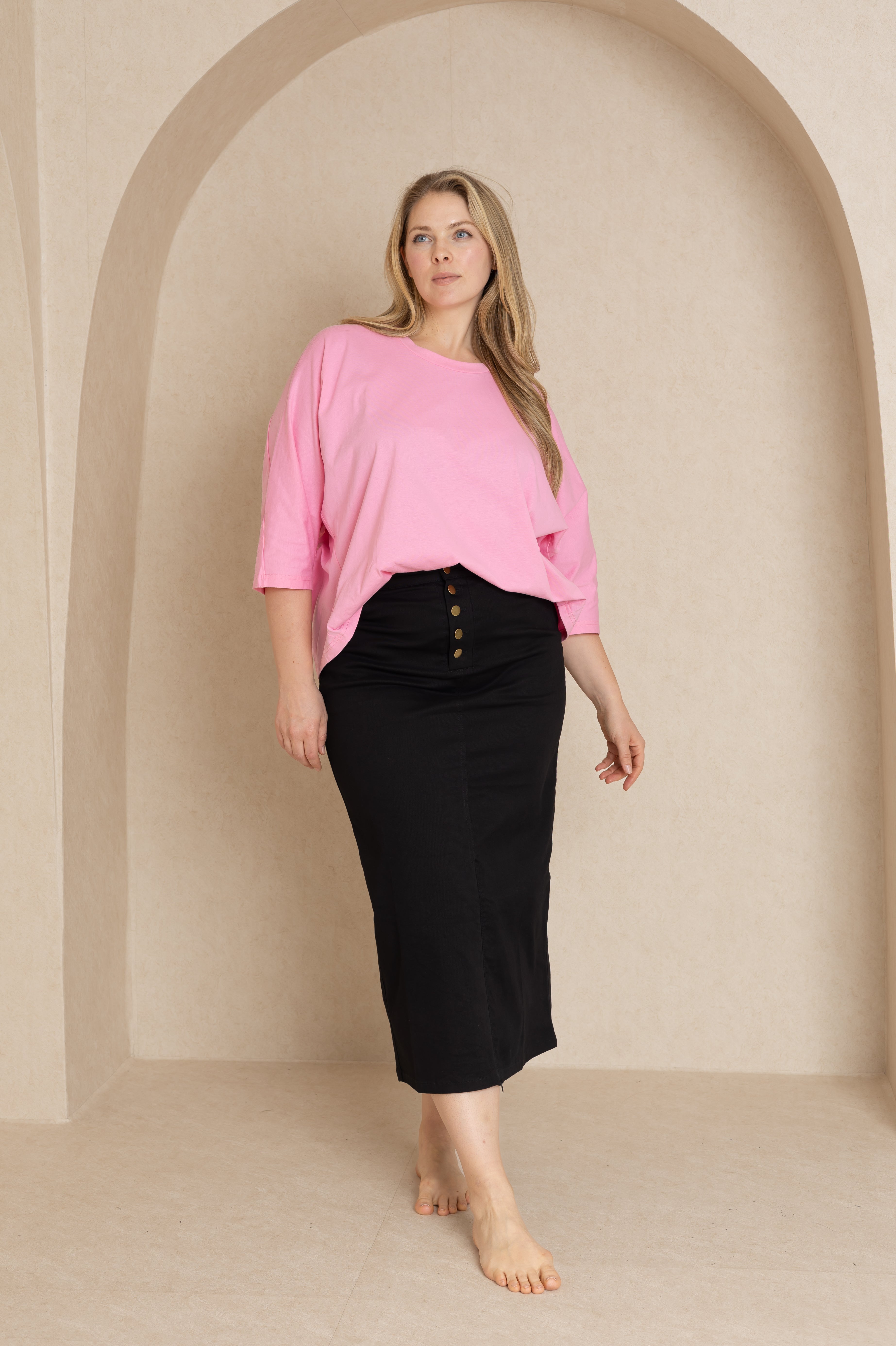 Pink 3/4 Sleeve Oversized Dolman T-Shirt for Women - Soft Loose Fit Casual Top for Everyday Wear, Yoga & Lounge