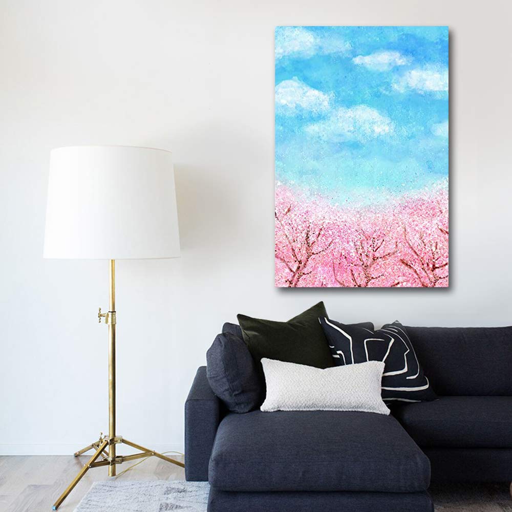 Wall26 Canvas Wall Art - Oil Painting Style Pink Cherry Blossom Under Sunny Blue Sky in Spring - Giclee Print Gallery Wrap Modern Home Decor - Ready to Hang Framed Canvas Painting - 32x48 inches - Perfect for Living Room, Bedroom, Office & Gift